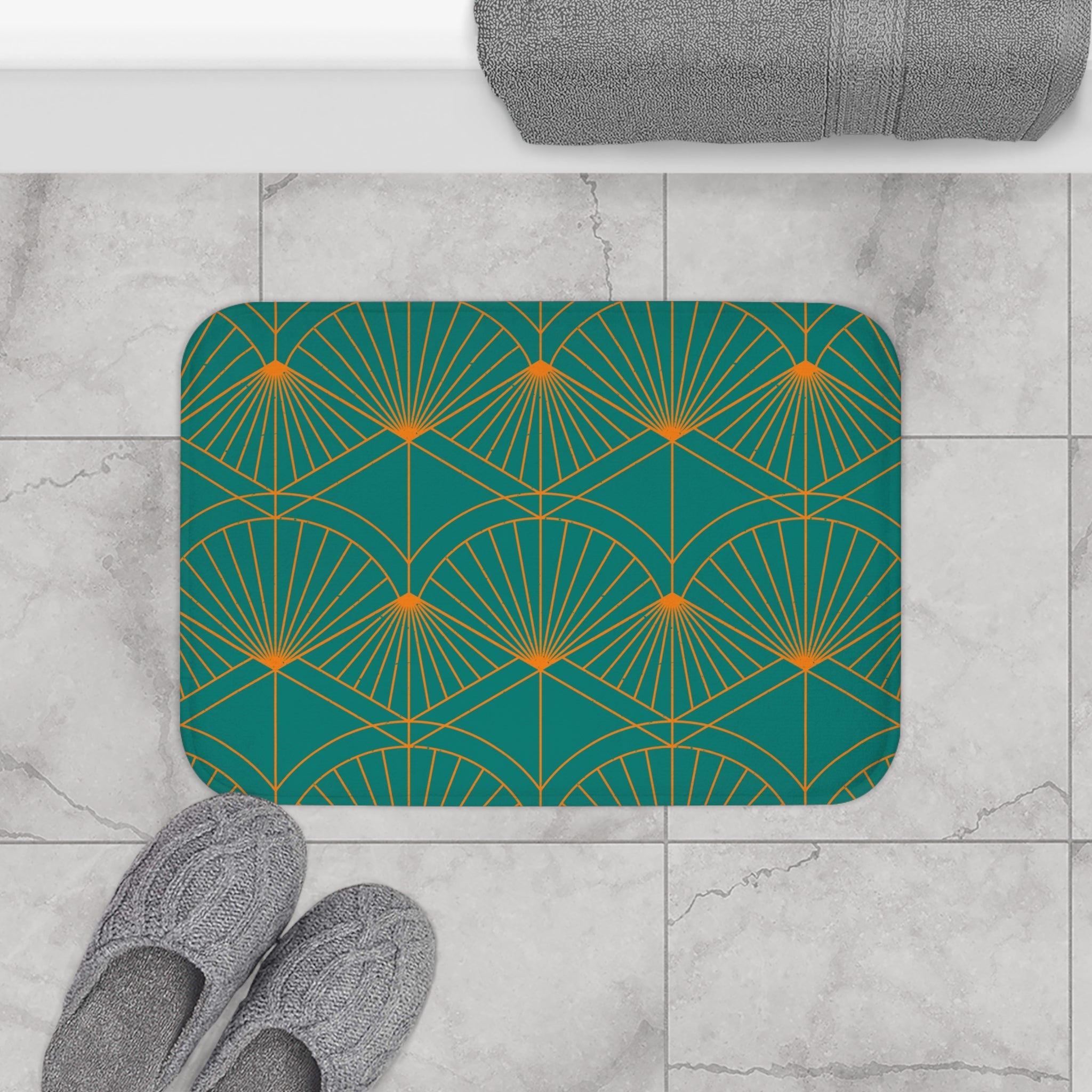 Art Deco Kitchen, Bath Mat | Teal Green, Orange Fan