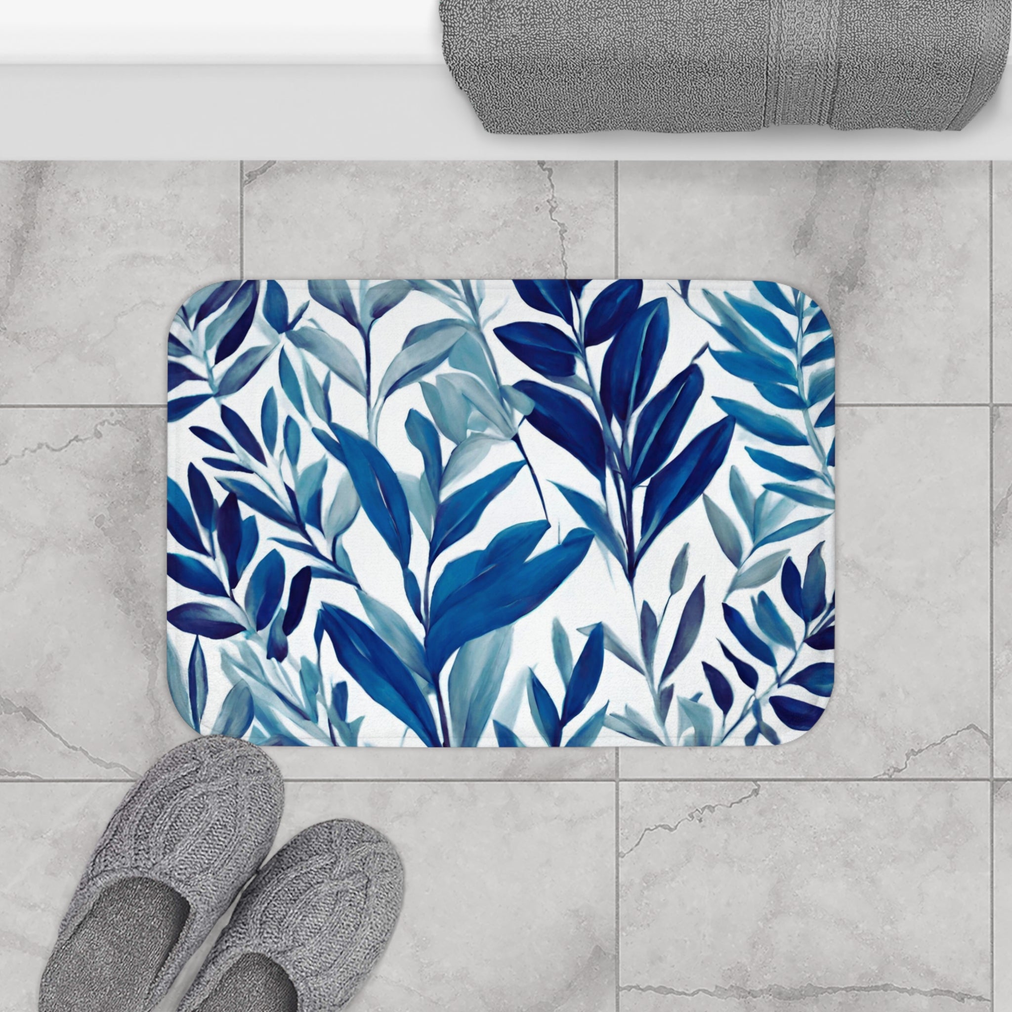 Floral Bath Mat, Kitchen Mat | Indigo Navy Teal Blue White