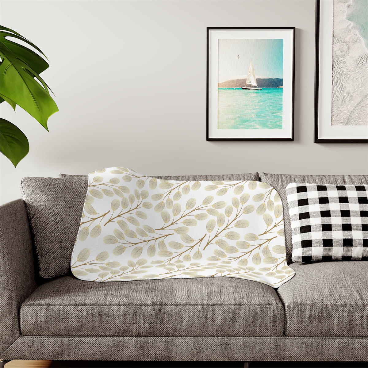 Beige Muted Gold Leaf Branch Sherpa Blanket | Neutral Throw