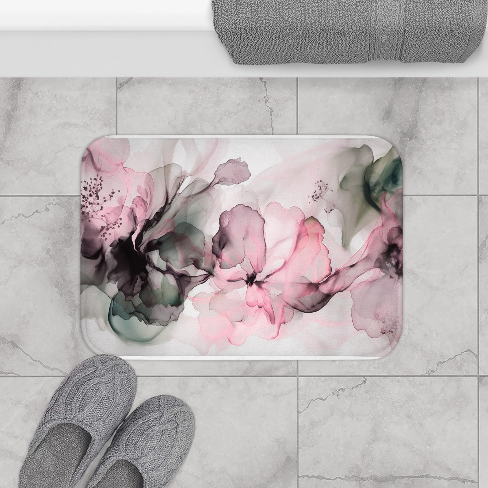 Boho Abstract Floral Bath Mat | Pink Green Grey Kitchen Mat