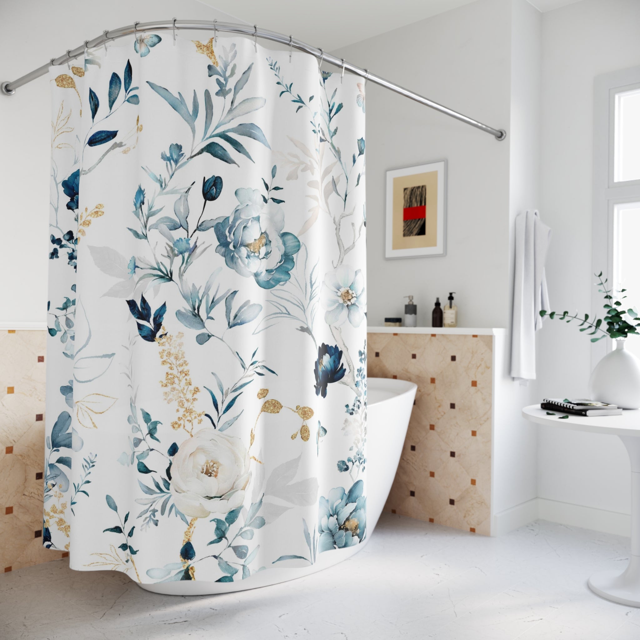 Boho Shower Curtain | White Navy, Pale Blue, Beige