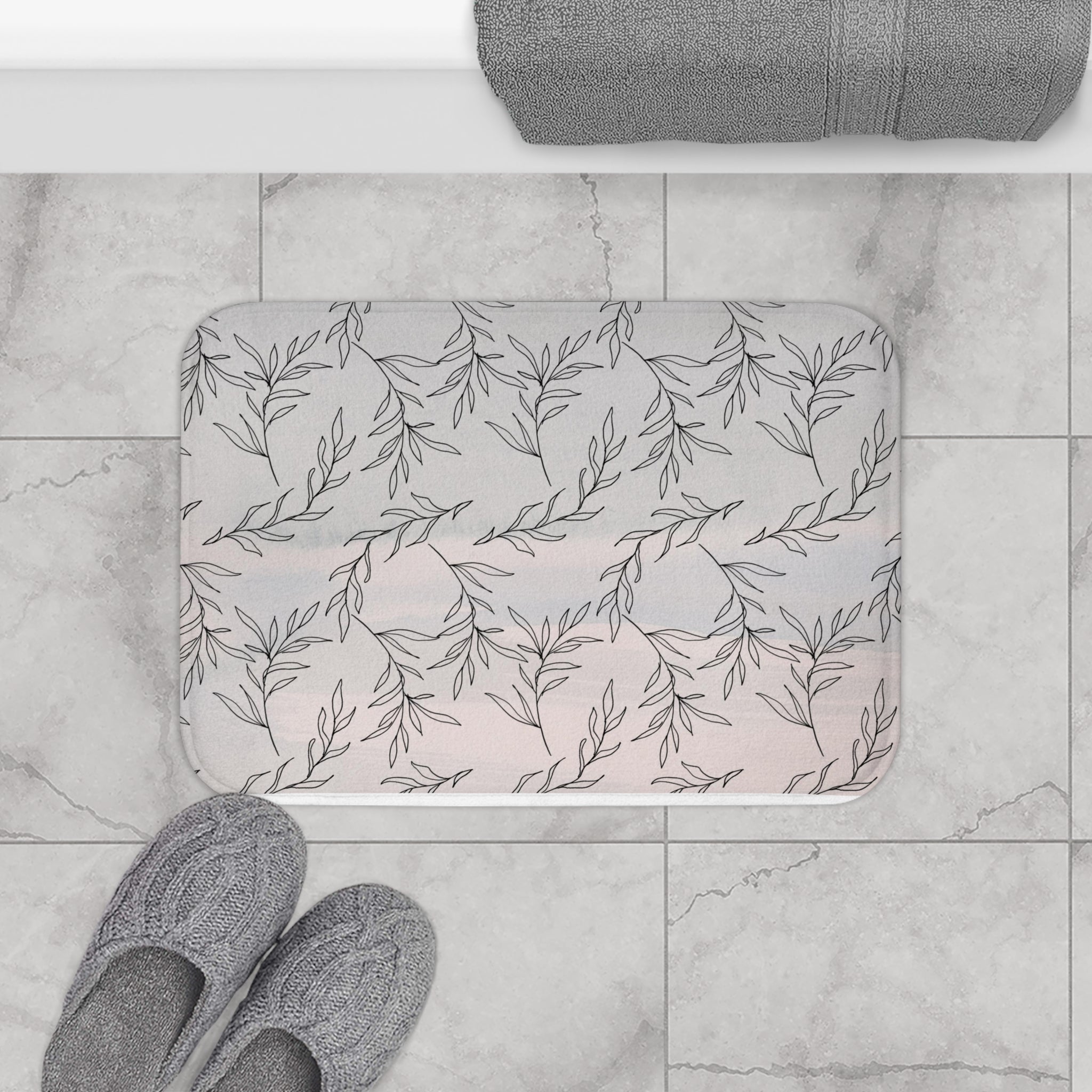 Abstract Bath, Kitchen Mat, Rug | Pastel Gray Pink One Line Art