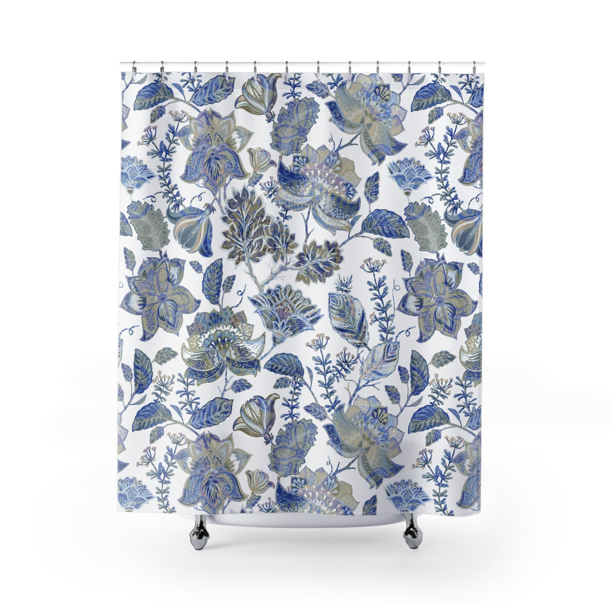 Blue Beige Jacobean Floral Shower Curtain, Bath Curtain 71x74