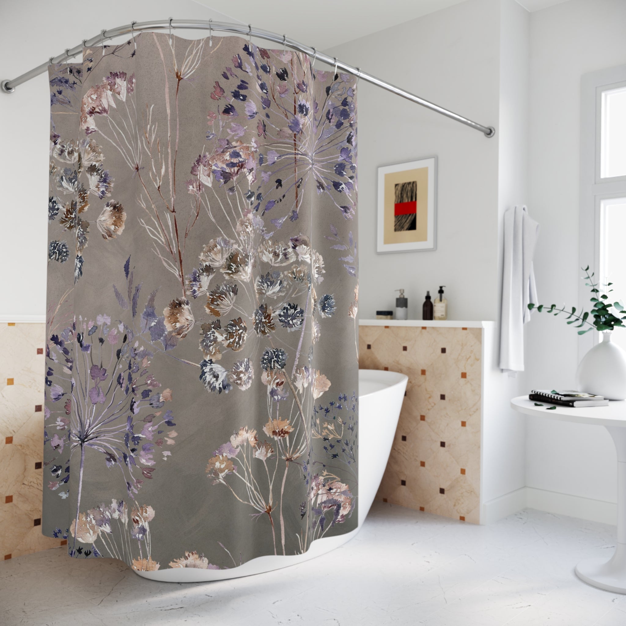 Boho Shower Curtain | Taupe, Purple Wild Floral
