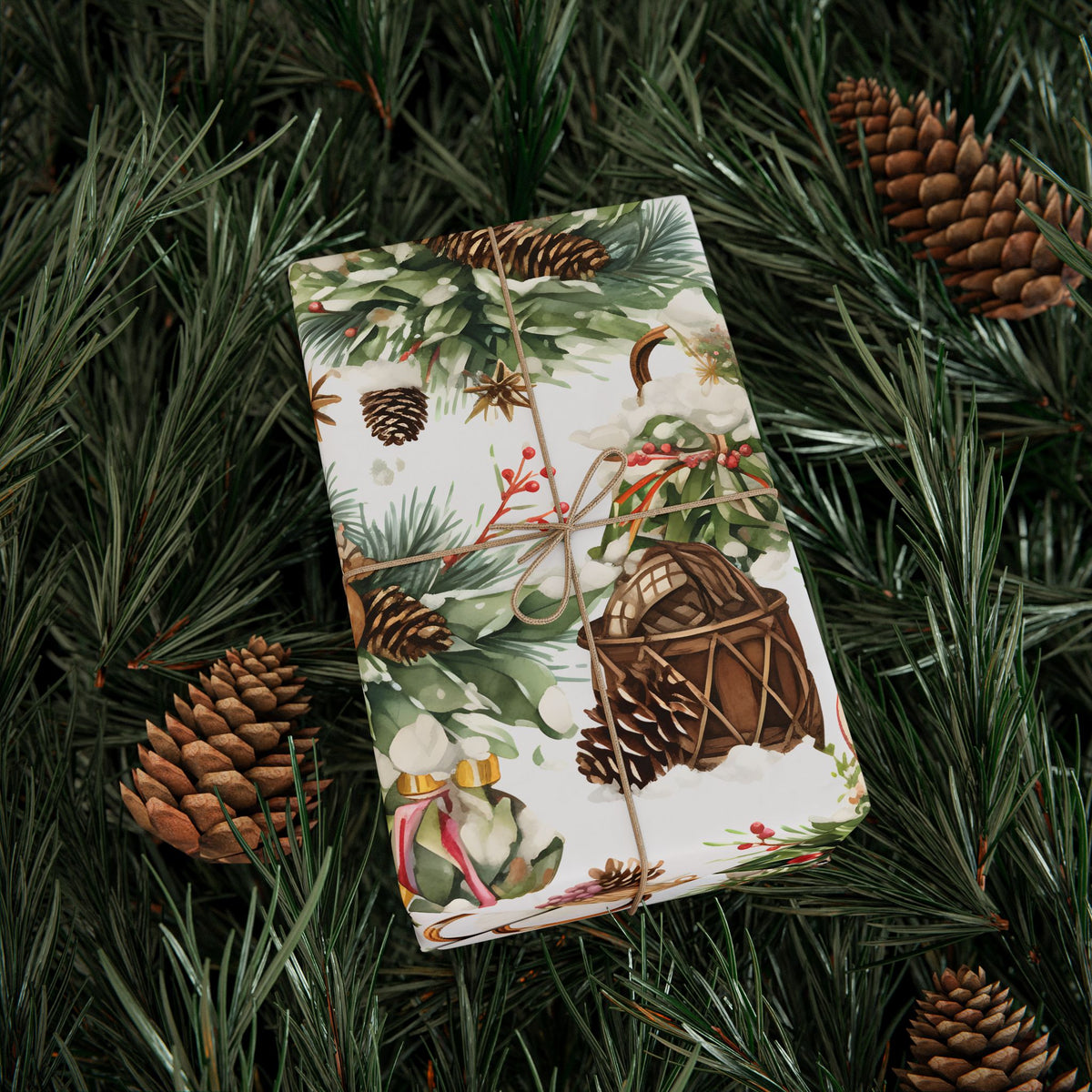 Pine Cone Basket Winter Greenery Wrapping Paper, Gift Wrap