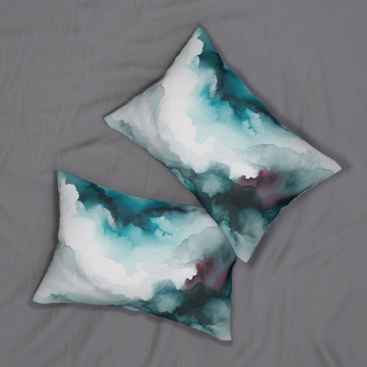 Teal Grey and White Alcohol Ink Lumbar Pillow