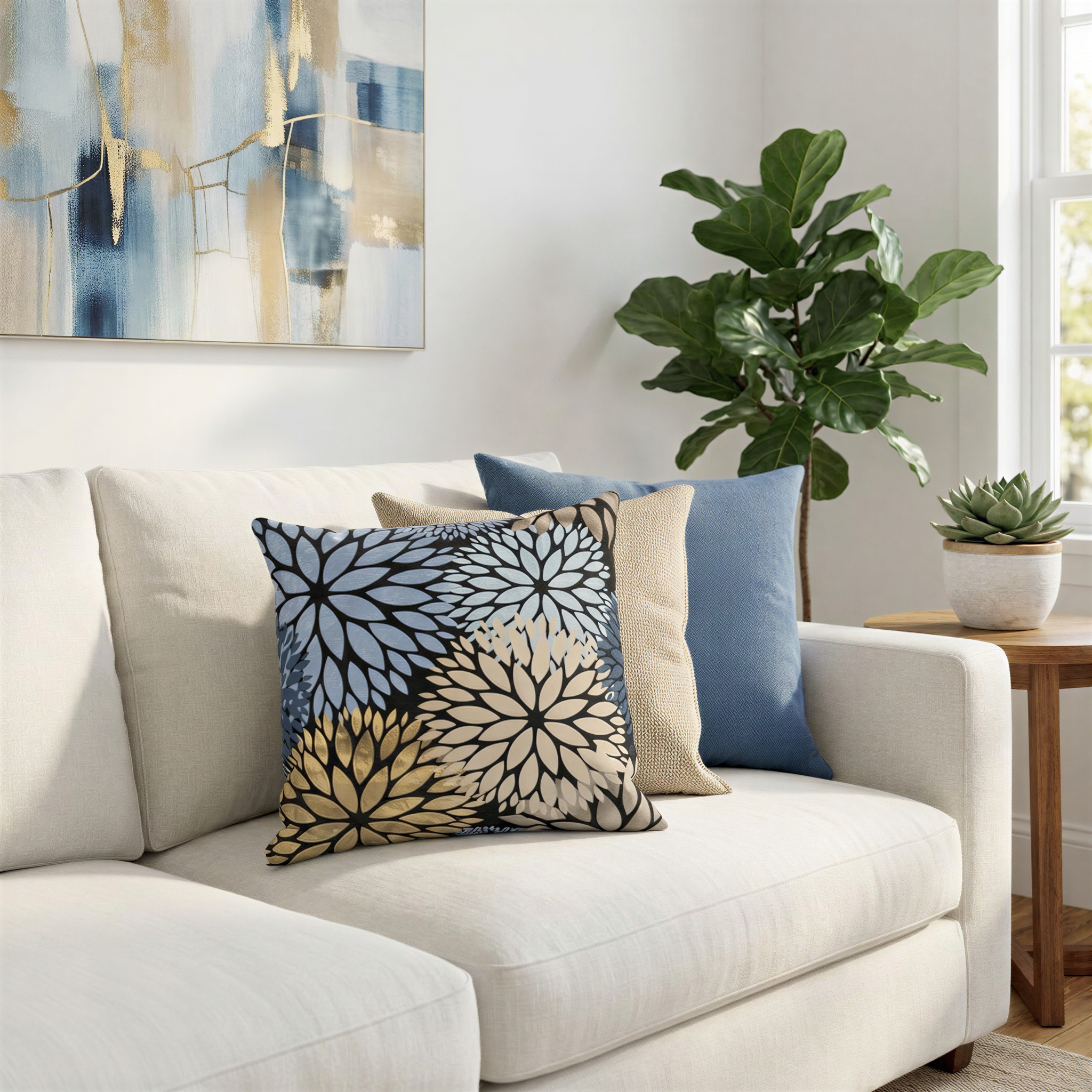 a cozy living room with a white sofa adorned with colorful throw pillows. The room is decorated with a painting on the wall, a potted plant, and a wooden side table.