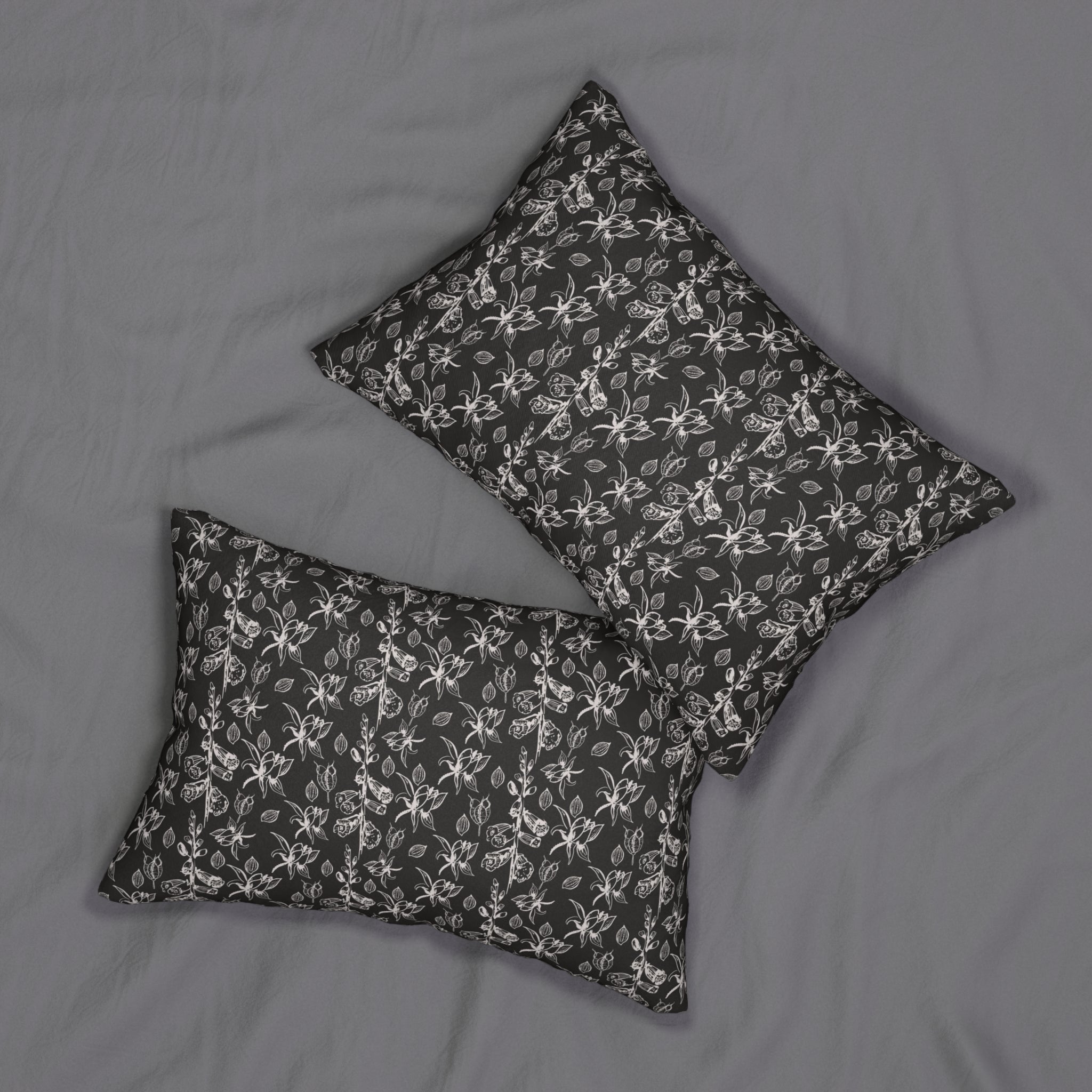 Floral Lumbar Pillow | Black White Herbal Leaves