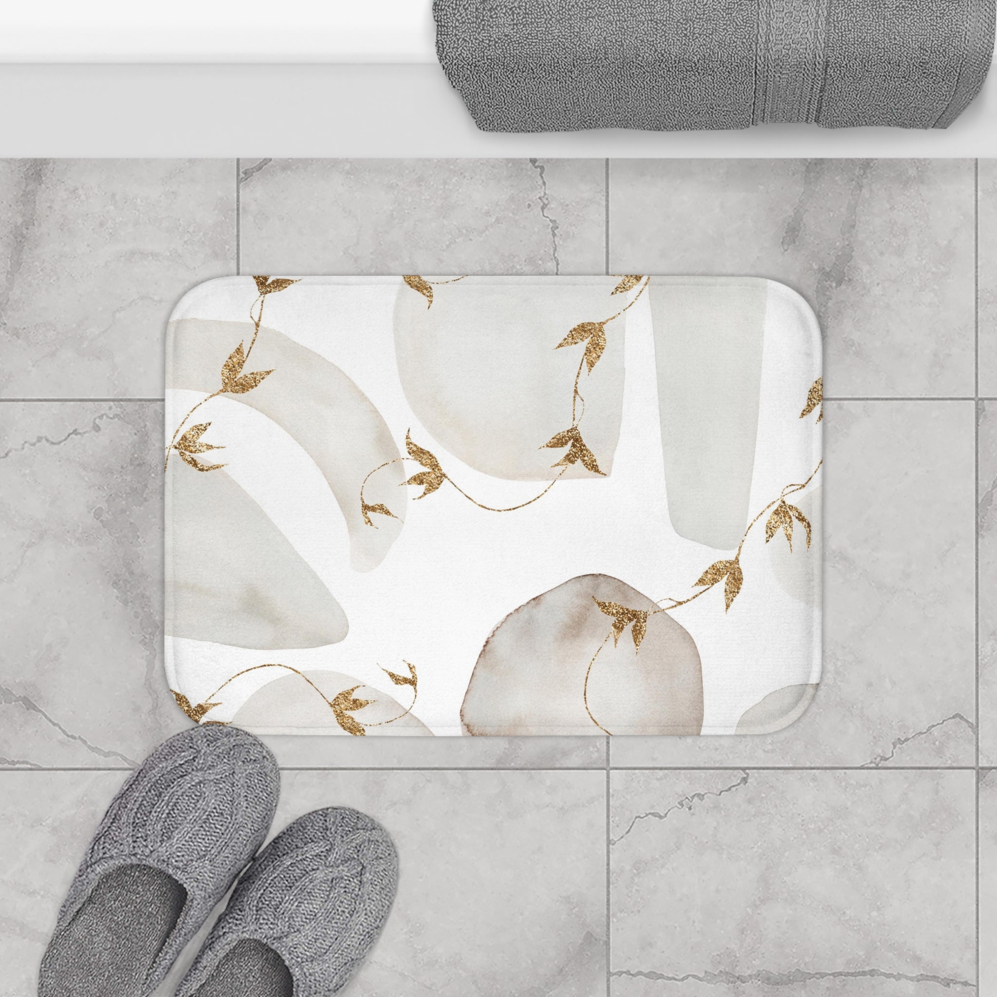 Abstract Bath Mat | Watercolor Beige Floral, White