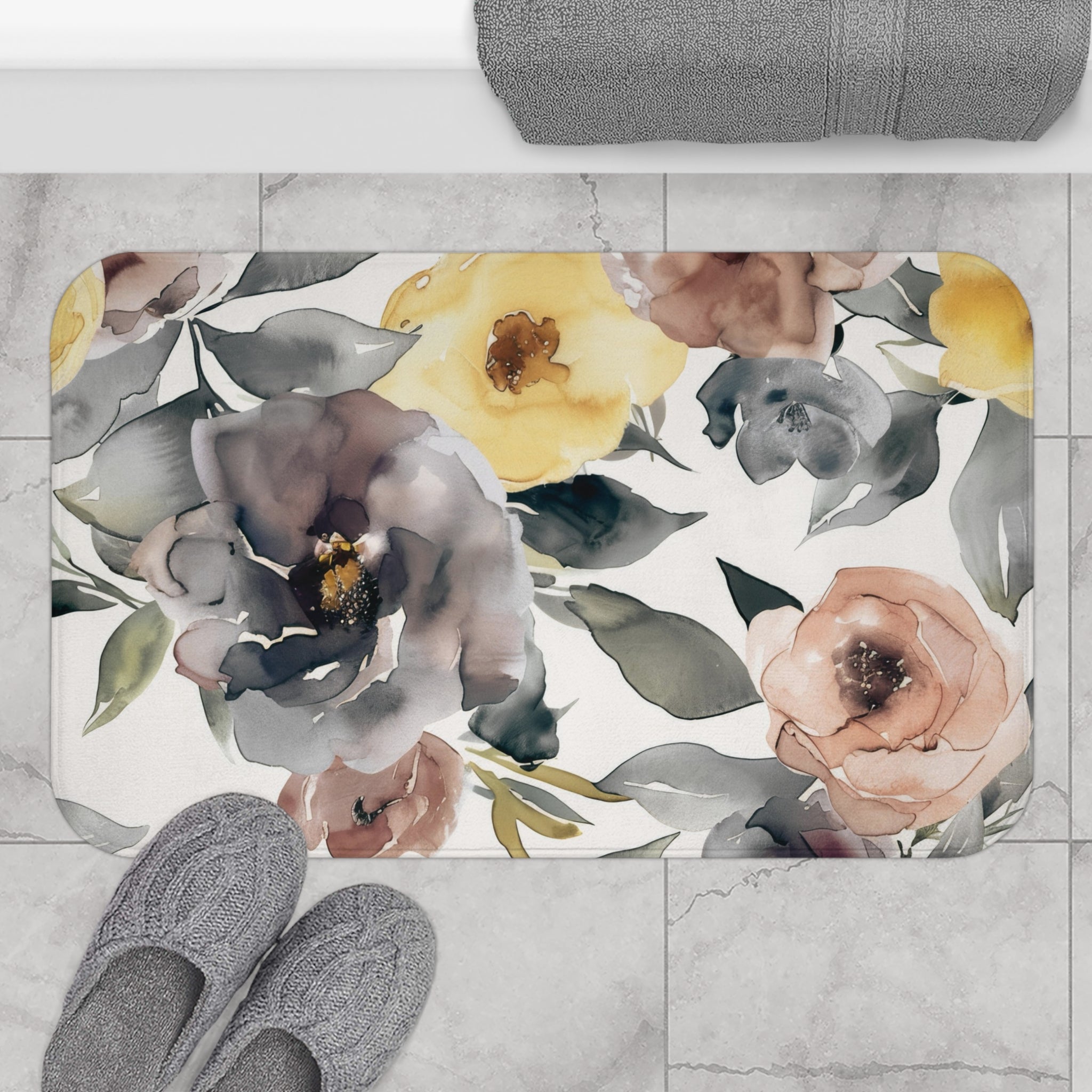 Boho Kitchen, Bath Mat | Floral Grey, Peach Yellow Roses Floor Mat