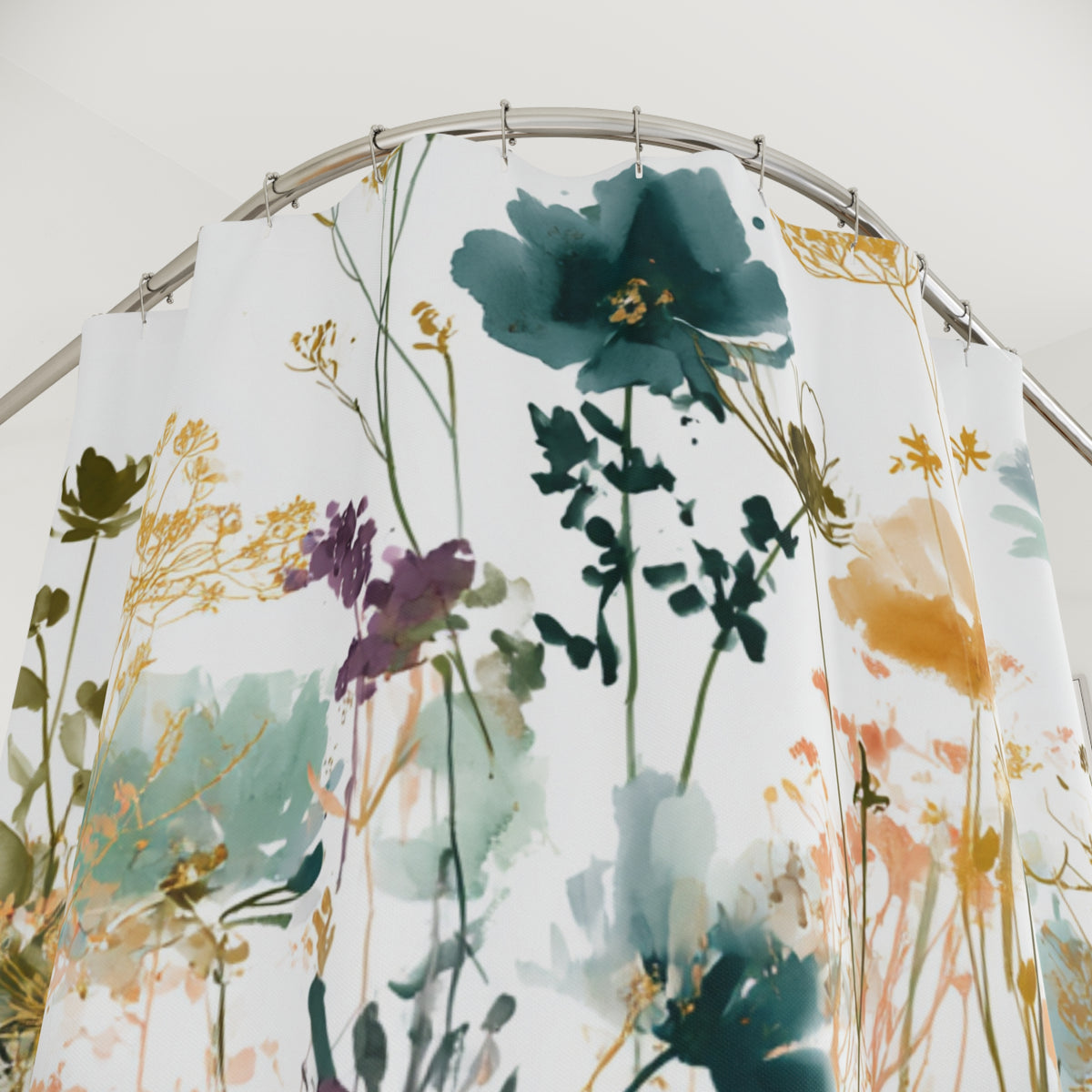 Teal Orange Boho Wildflower Shower Curtain, Bath Curtain 71x74