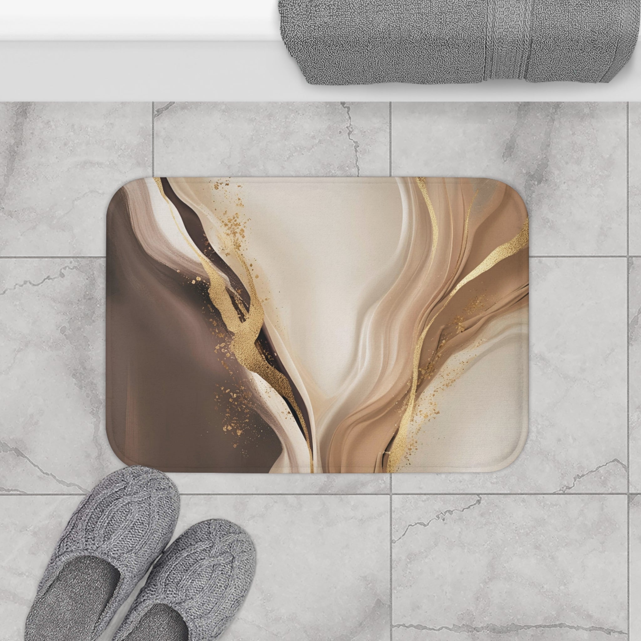 Boho Bath Mat | Brown Beige, Gold Abstract Kitchen Mat