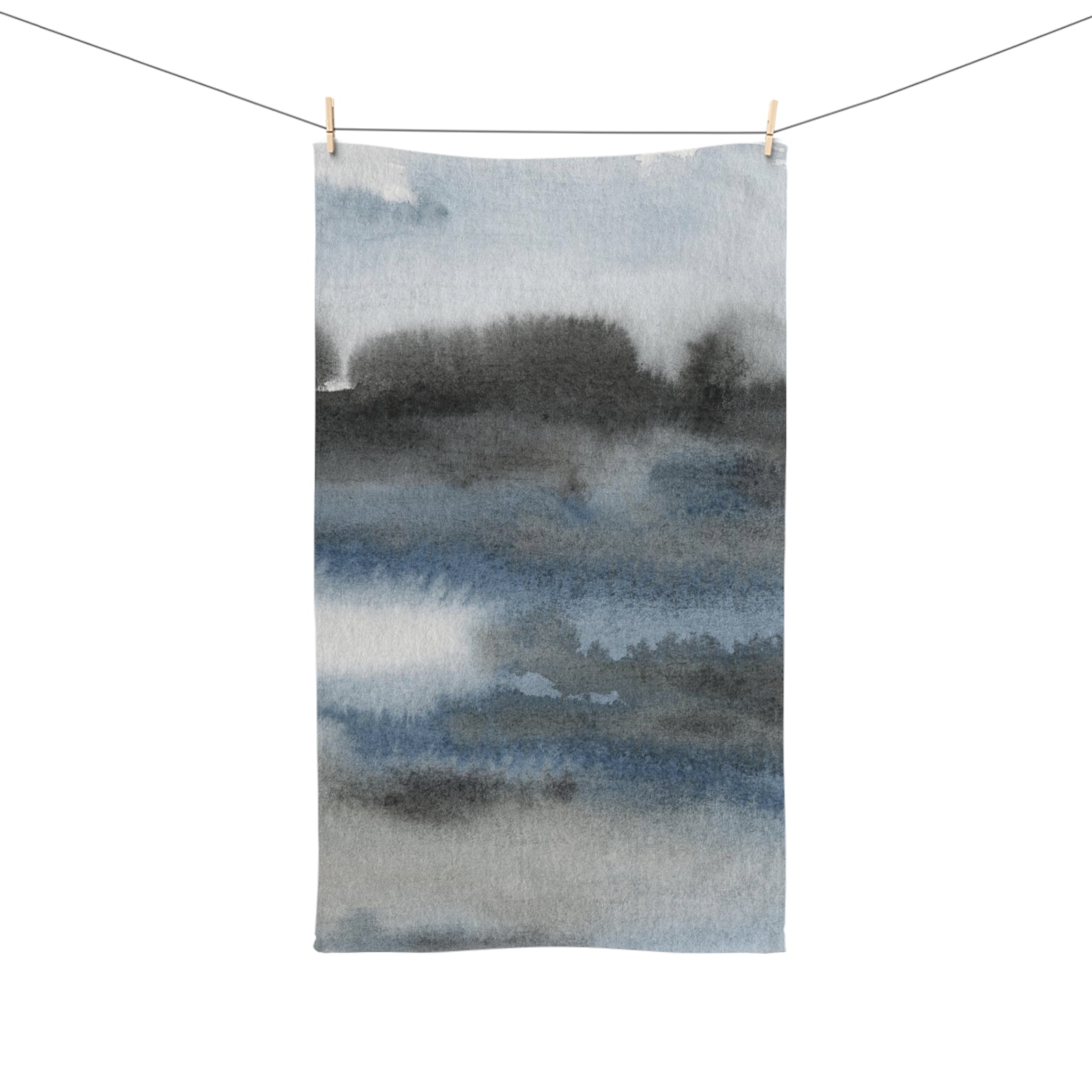 Abstract Kitchen, Bath Hand Towel | Navy Indigo Blue, Gray Black Ombre, Landscape