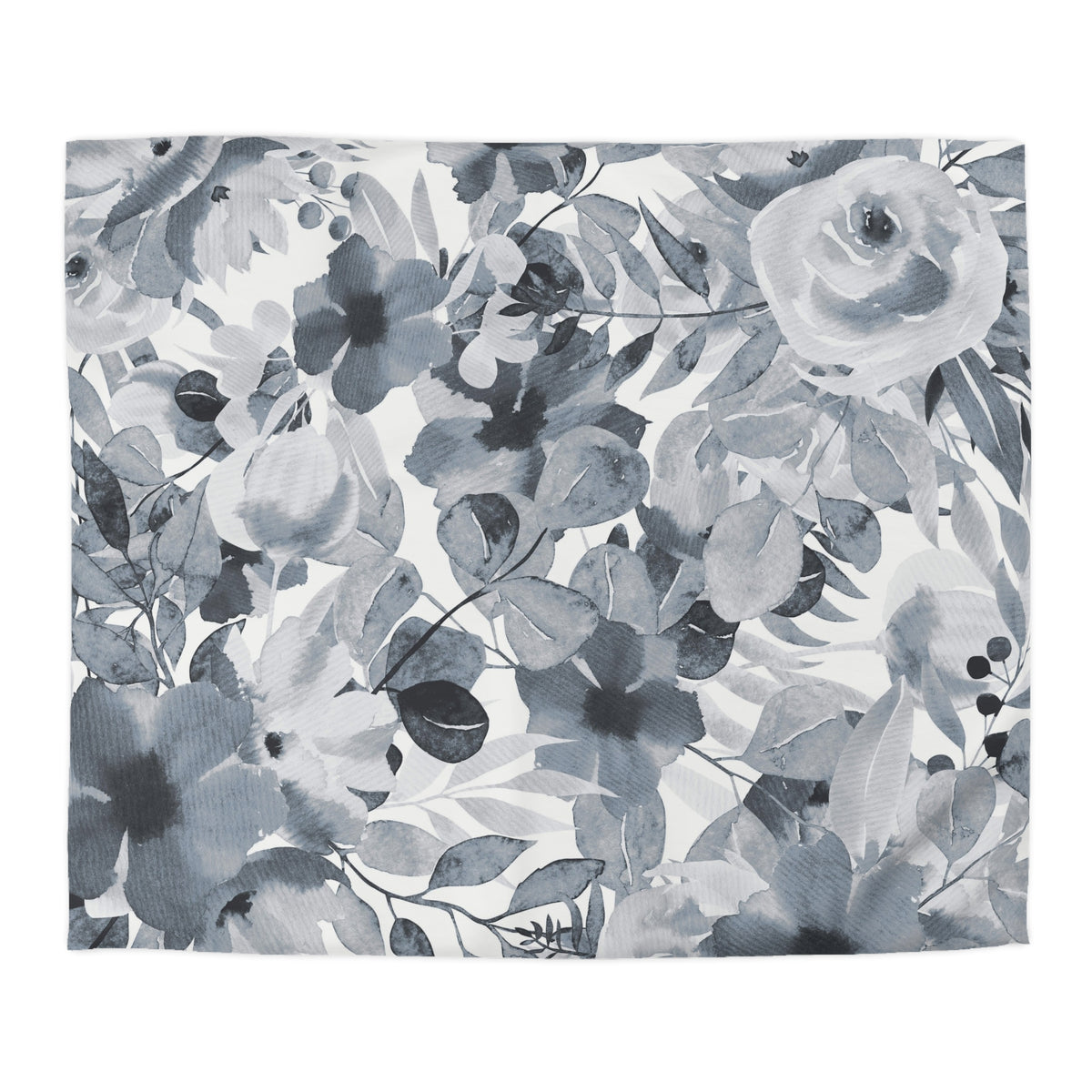 The image is a black and white floral print featuring various flowers and leaves in shades of gray and white.