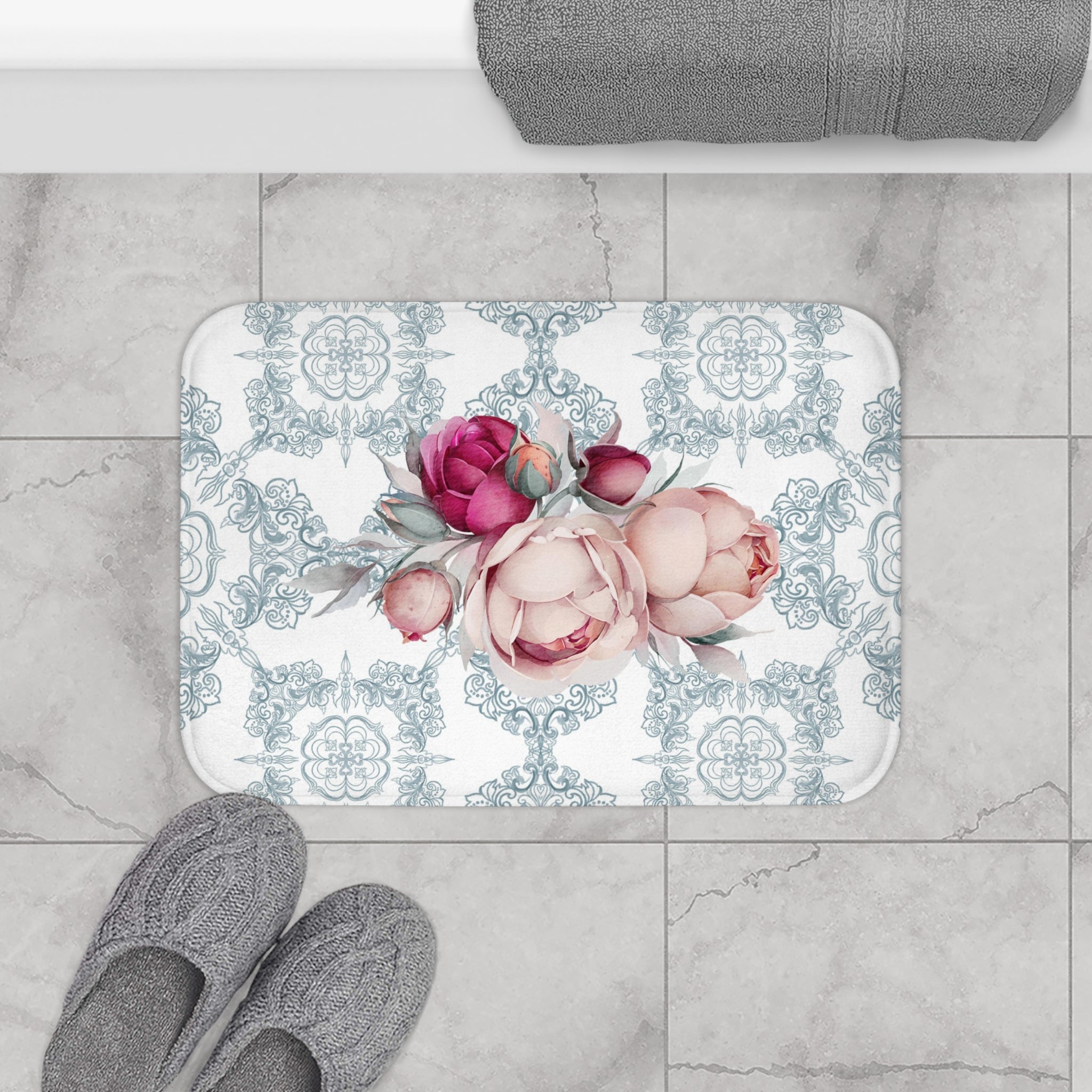 Boho Bath, Kitchen Mat | Amalfi Coast, Blue White, Tiles, Pink Peonies