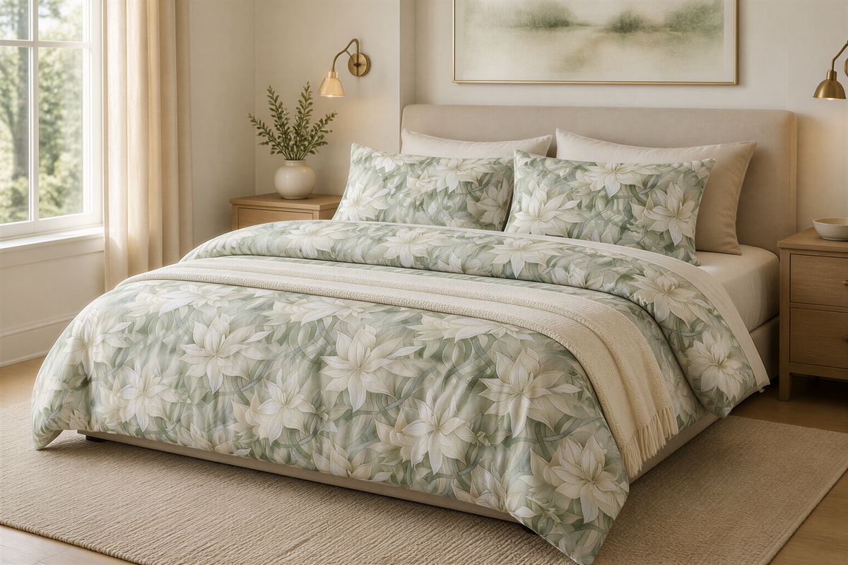 a well-decorated bedroom with a large bed, a nightstand, and a painting on the wall. The bed is covered in a floral comforter and pillows, and the room has a neutral color scheme with beige walls and a wooden floor.