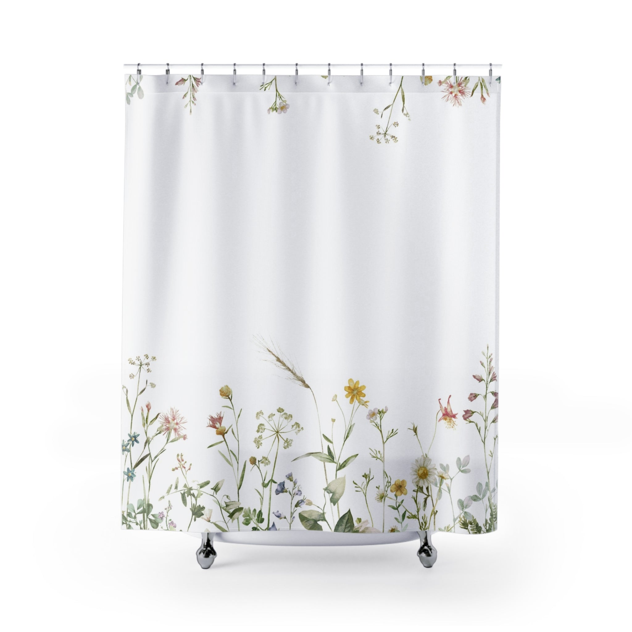 White Shower Curtain | Floral, Sage Green Leaves