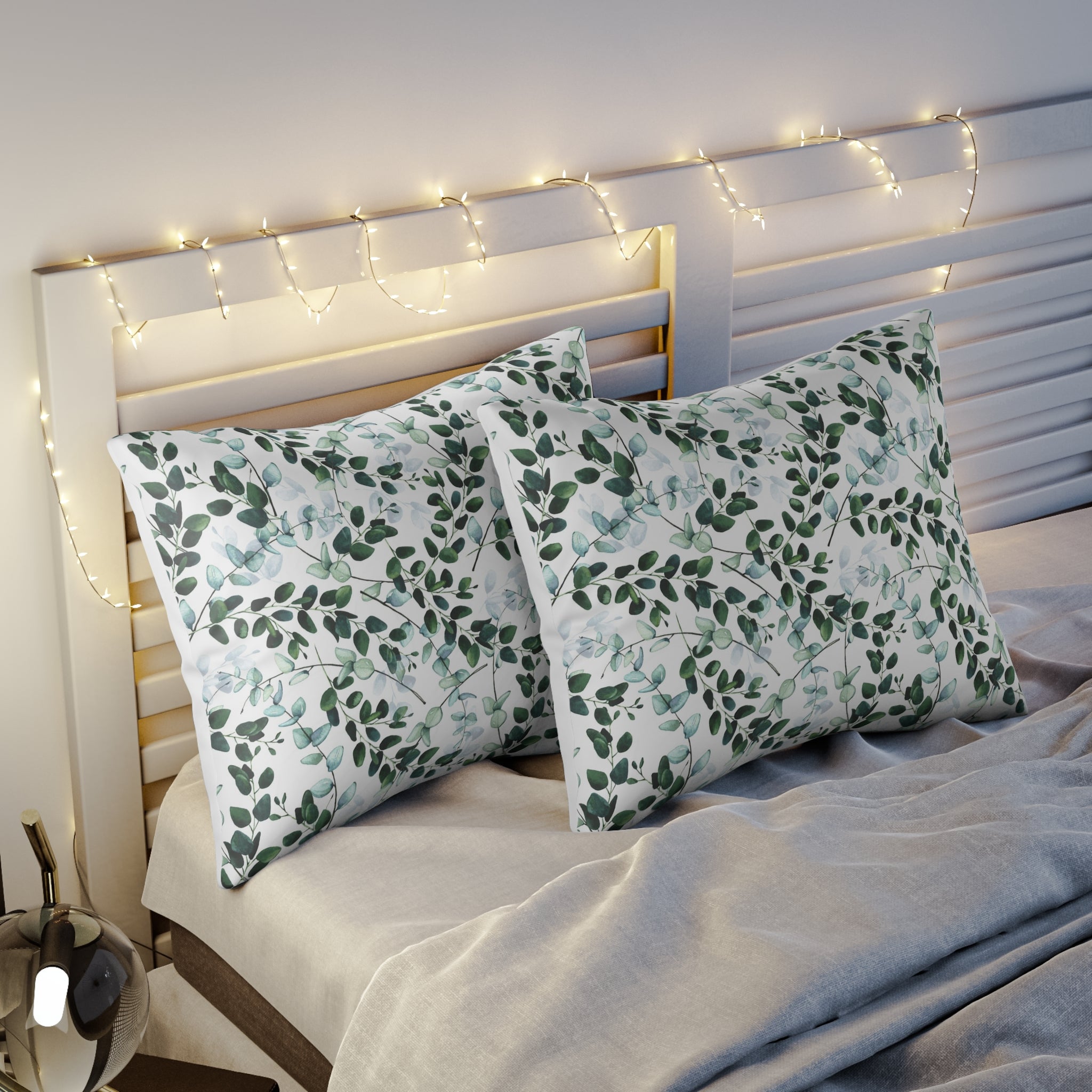 Bedding Pillow Sham | Floral, White Forest Green Leaves