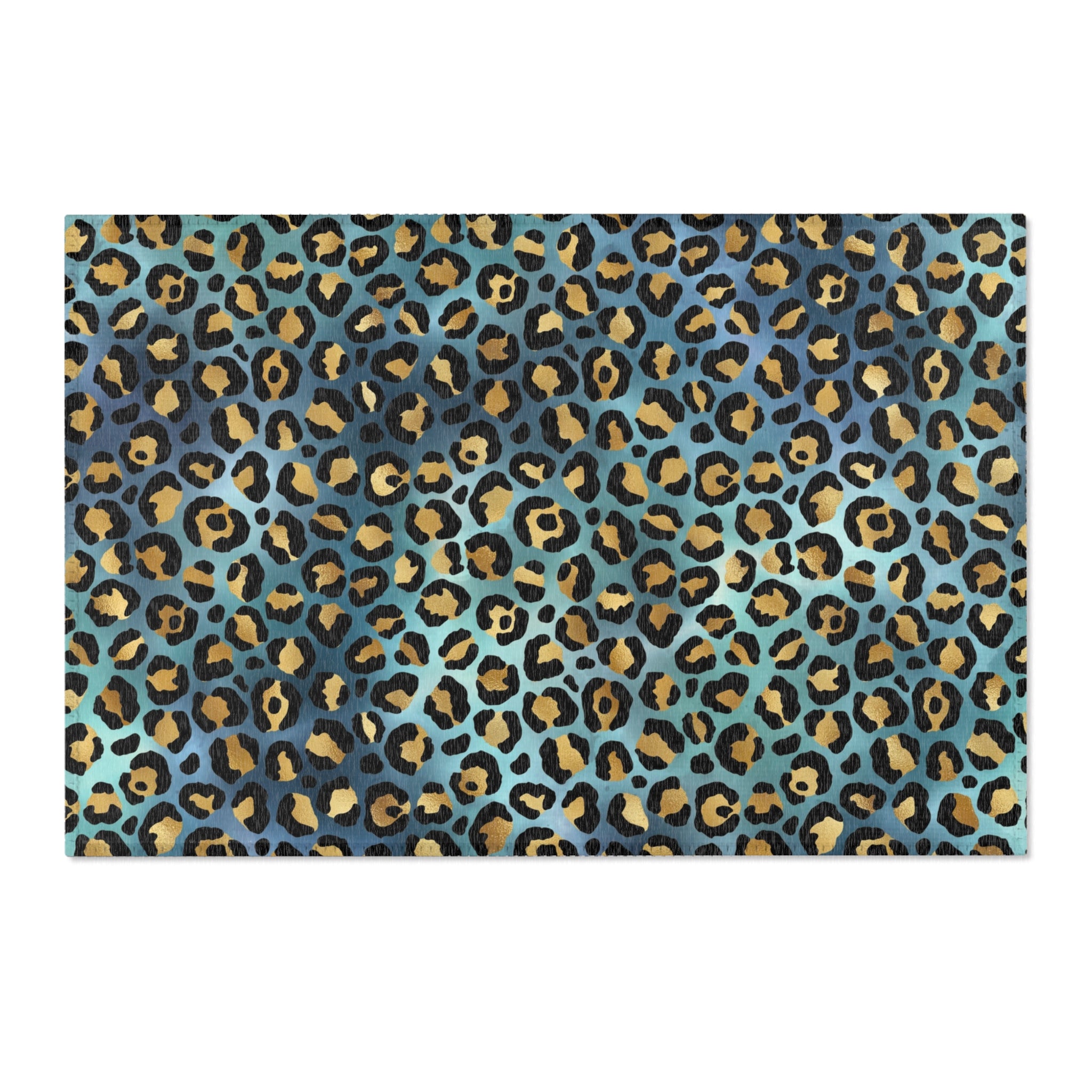 Blue Large Area Rug | Gold Beige, Teal Green Animal Print