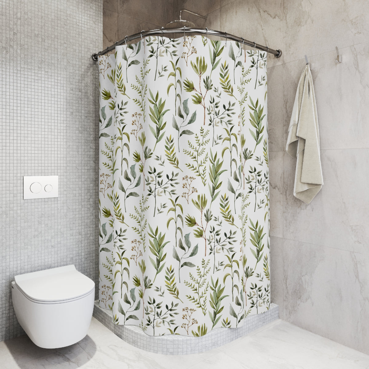 Green White Botanical Herb Shower Curtain, Bath Curtain 71x74