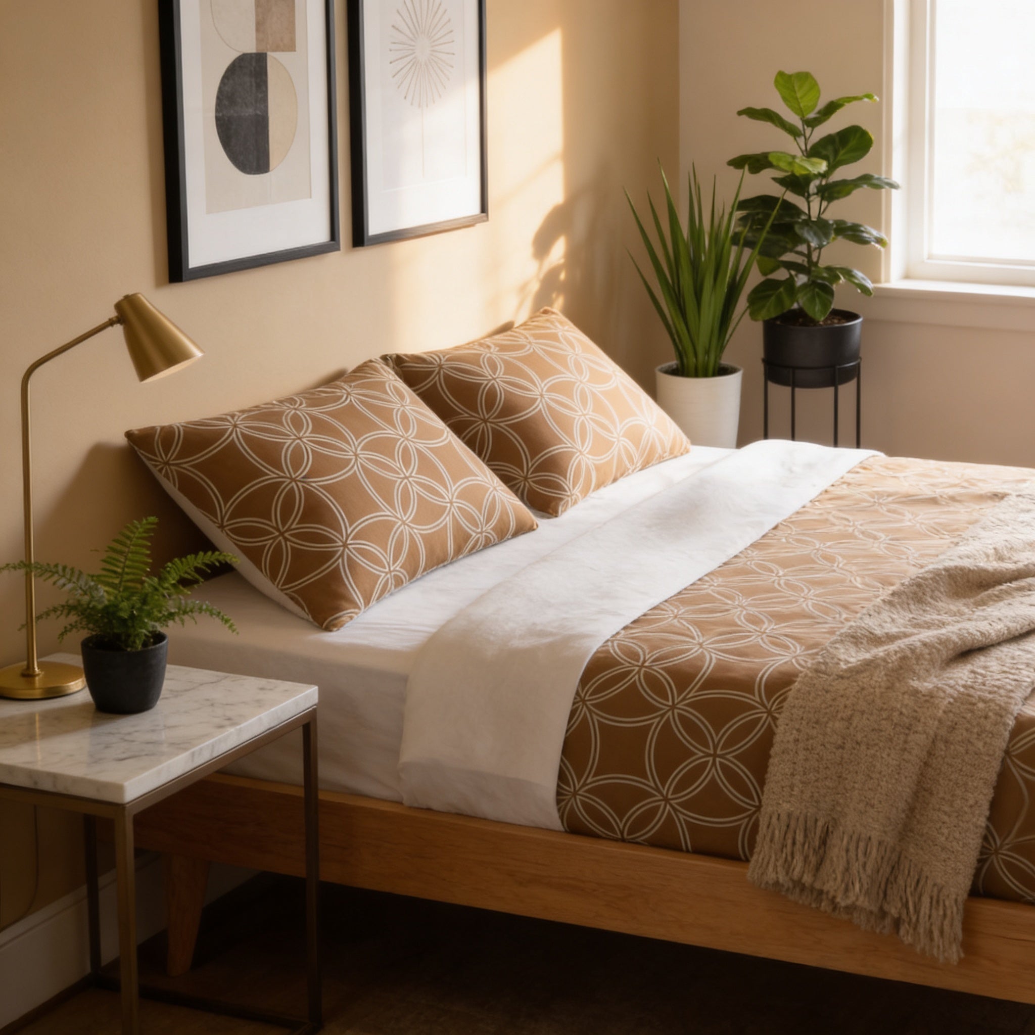 a cozy bedroom with a bed, a nightstand, and a potted plant. The bed has a brown and white patterned comforter and pillows, and the nightstand has a lamp and a plant on it. The room has a warm, inviting atmosphere with the natural light coming in from a window.