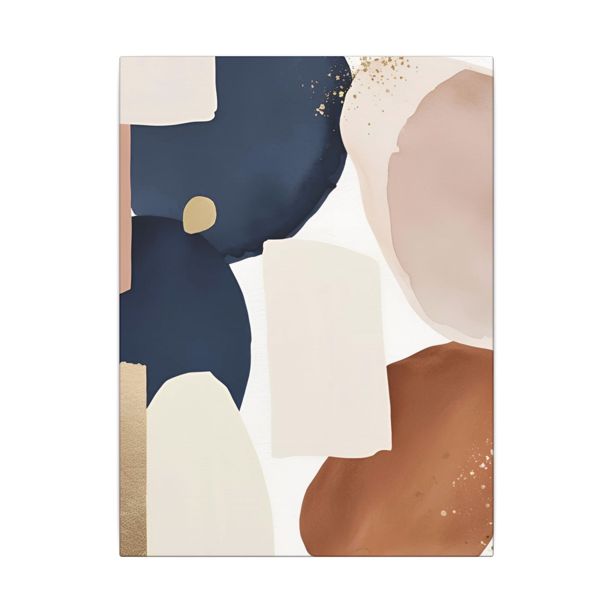 The image is a modern abstract art piece featuring a variety of colors and shapes, including shades of blue, pink, and brown.