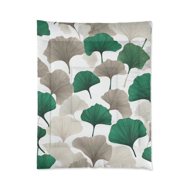 Floral Comforter | Emerald Green, Taupe, White, Gingko Leaves
