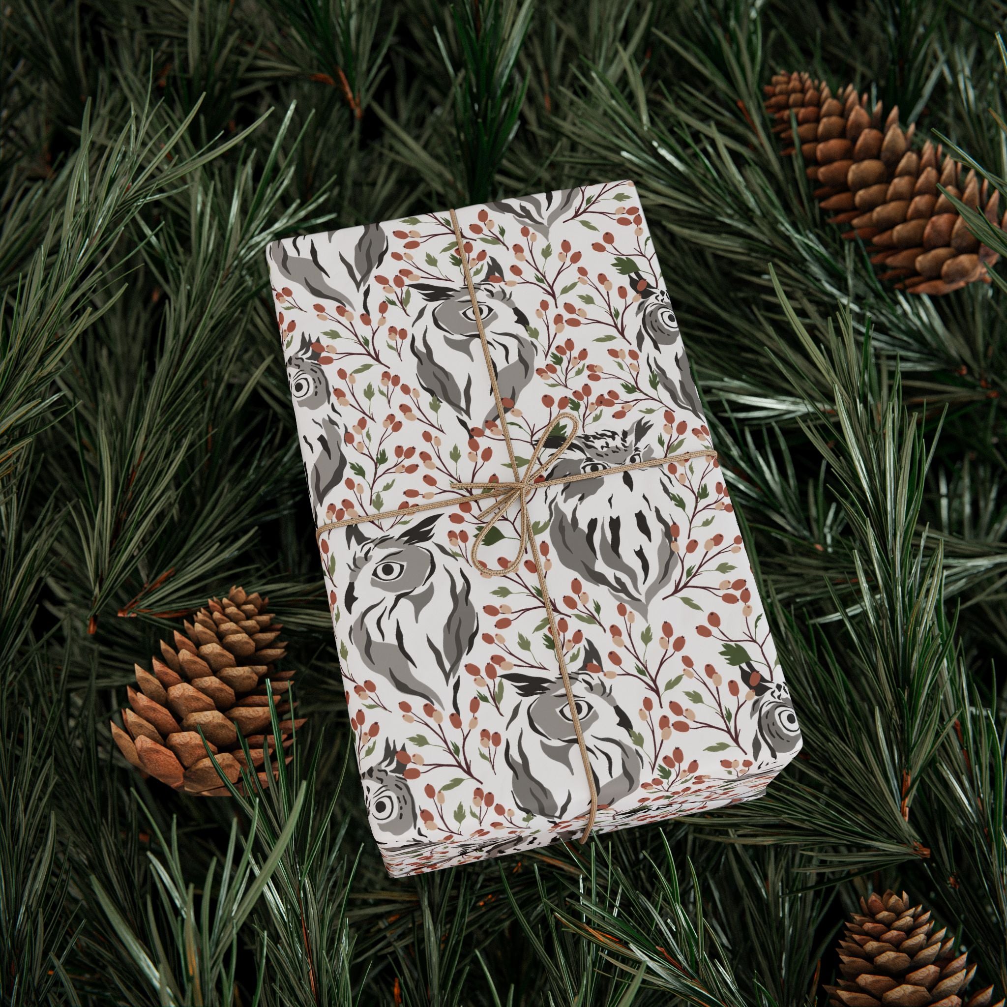 Abstract Owl Gift Wrapping Paper | White Rust Grey Wrap for the Holidays, Birthdays