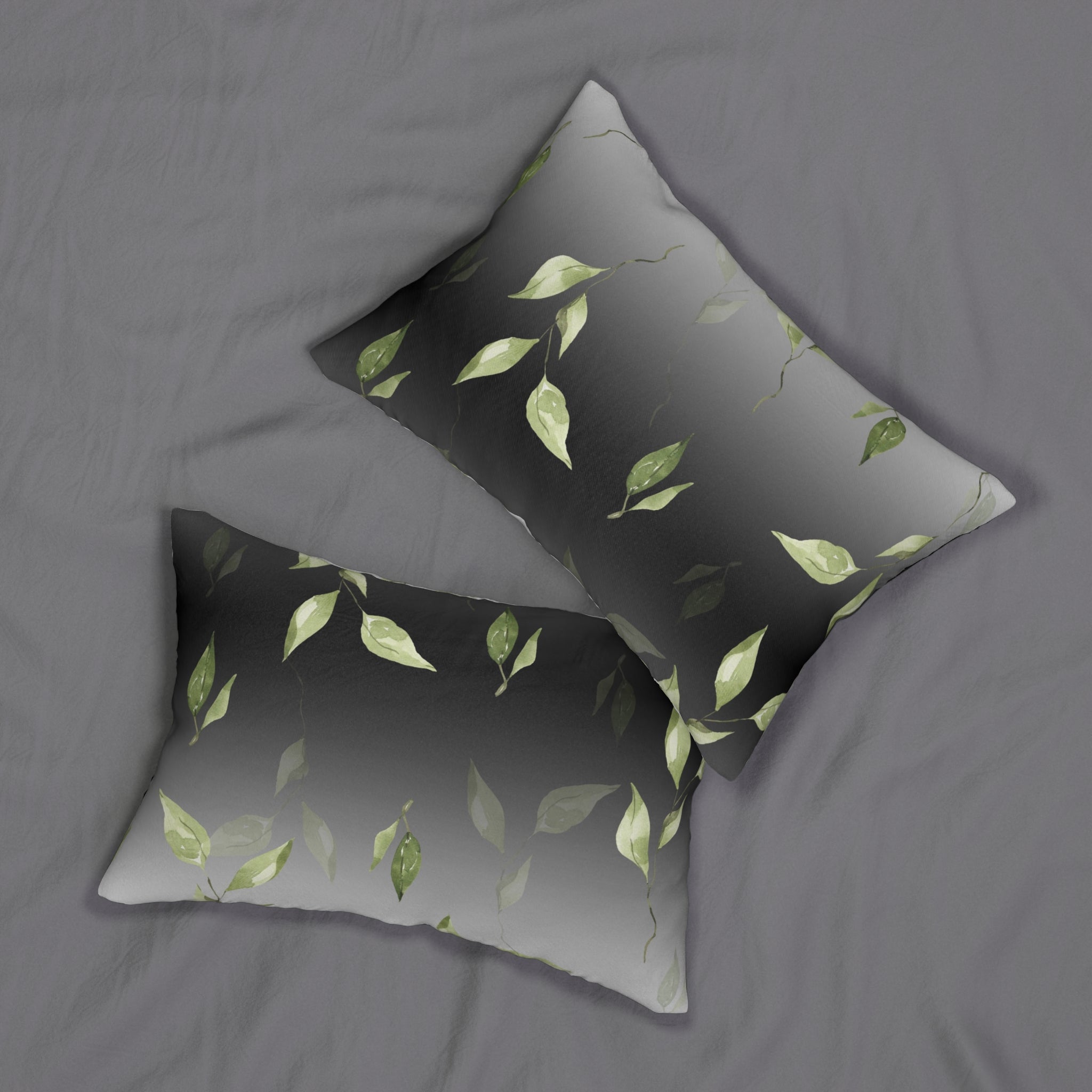 Abstract Lumbar Pillow | Green Leaves, Black Gray Ombre