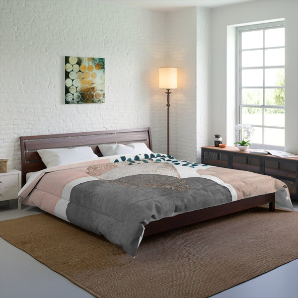 Abstract Bedding Comforter | Modern Blush Pink, White Beige, Grey Blue