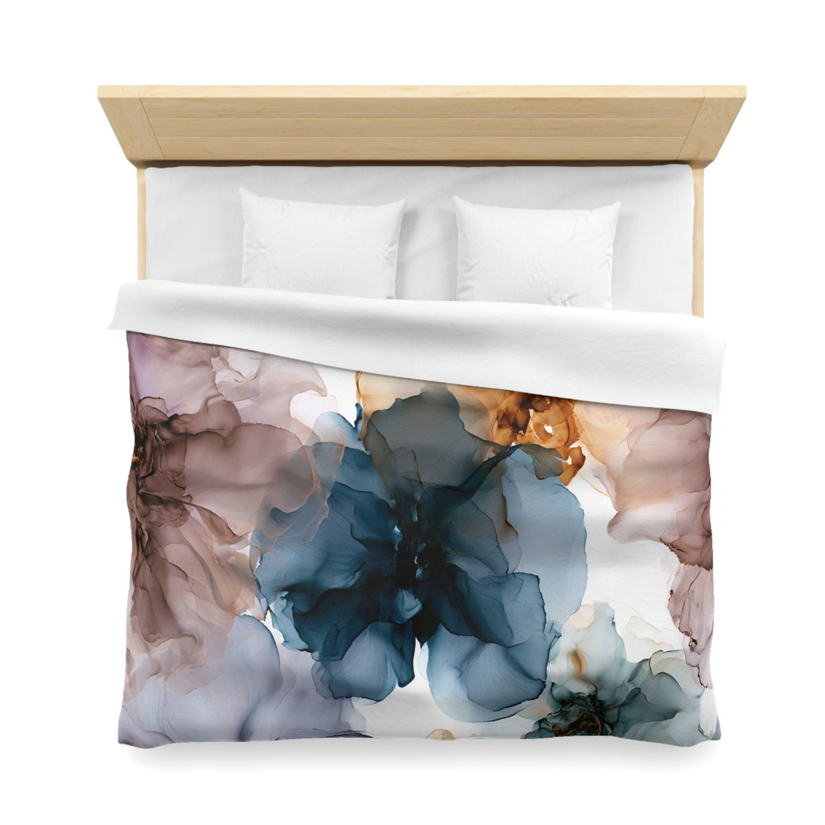 a bed with a blue flower on it