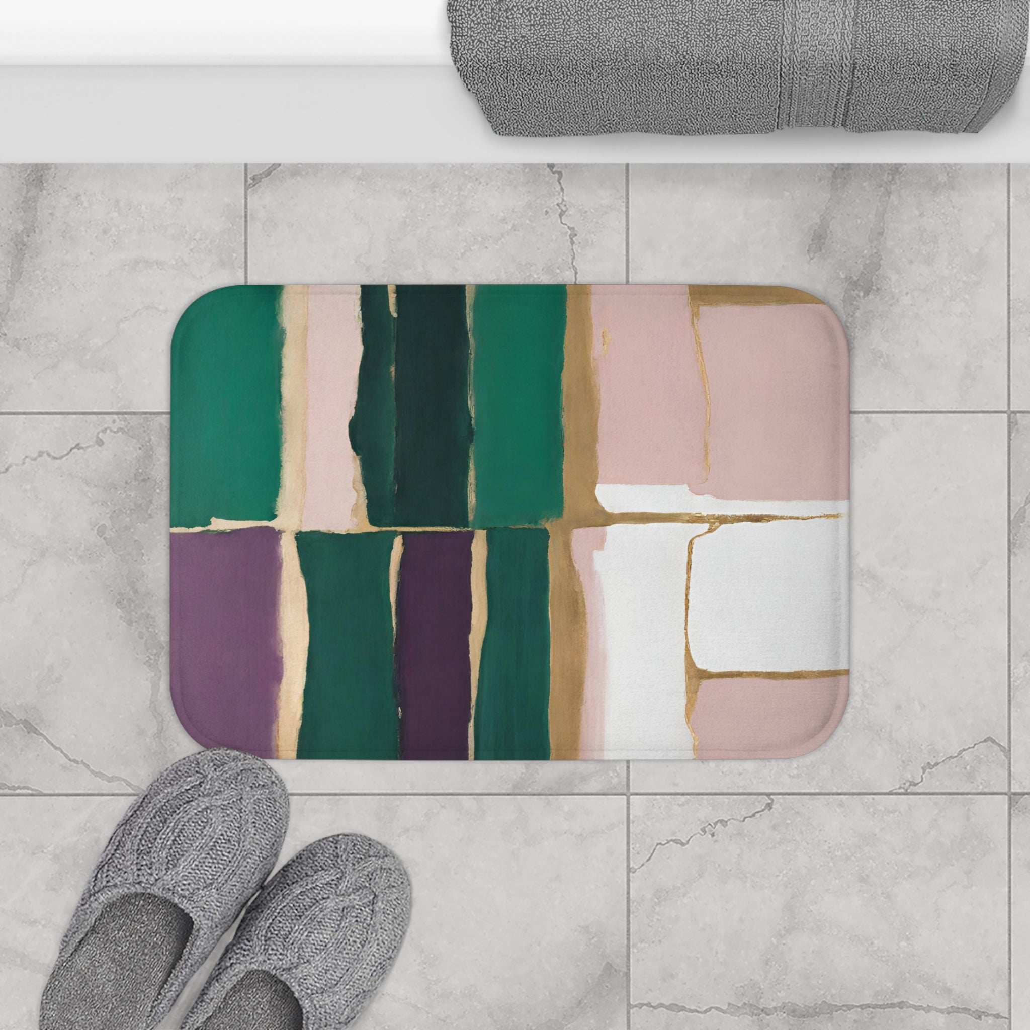 Boho Abstract Bath Mat | Green Purple Gold Beige, Pink White Kitchen Mat