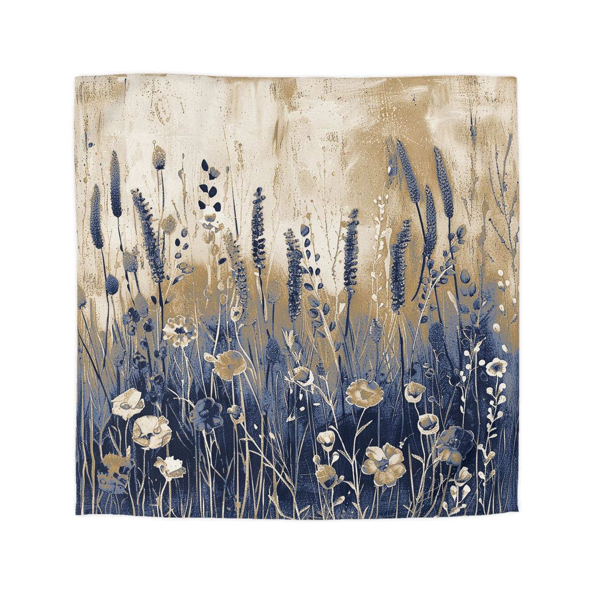 The image is a painting or artwork depicting a field of tall grass and flowers in various shades of blue and gold.
