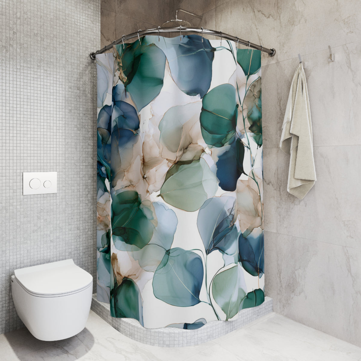 a white toilet sitting next to a shower curtain