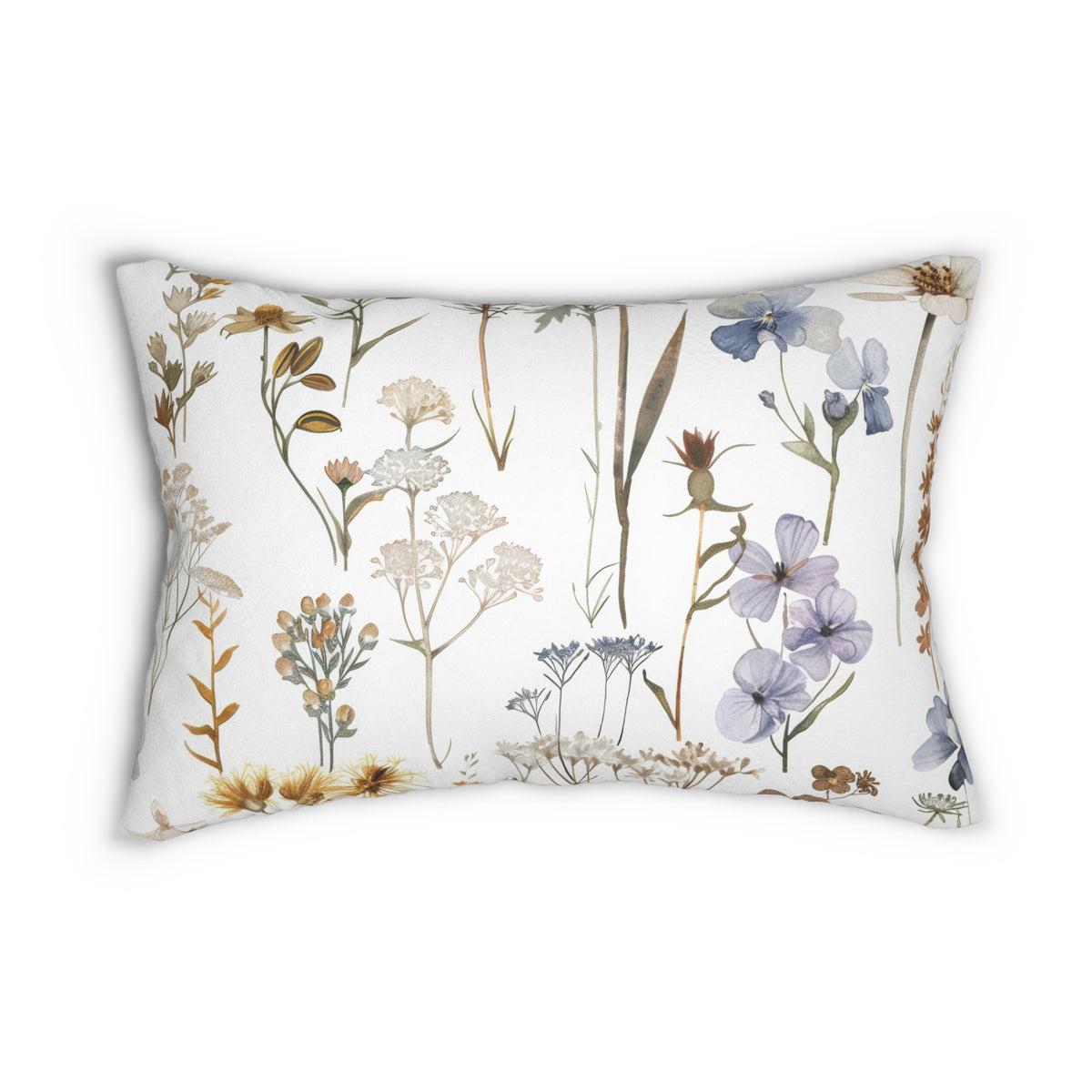 a white pillow with a floral print design.