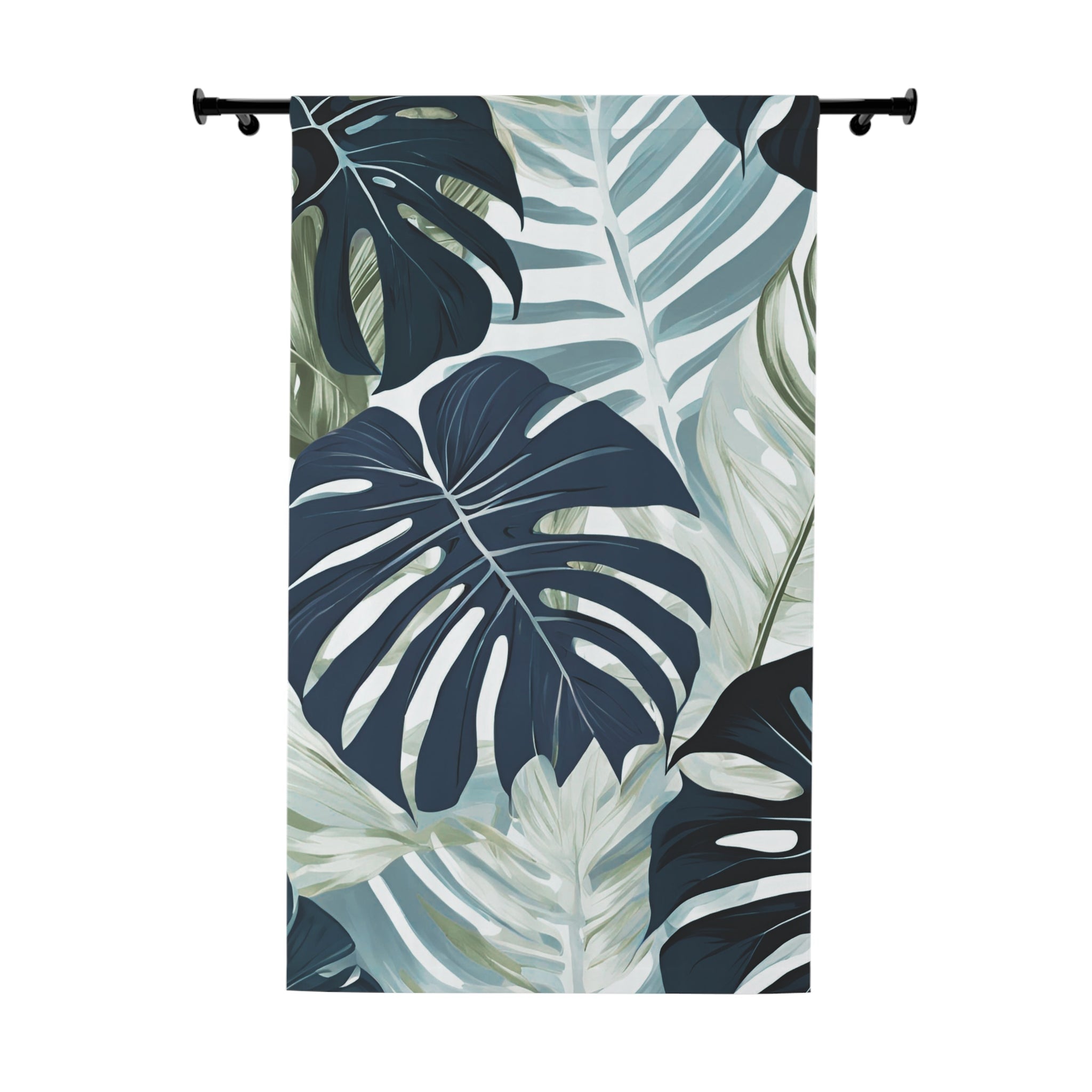 Floral Window Curtain | Navy Blue Monstera Leaf, Jungle