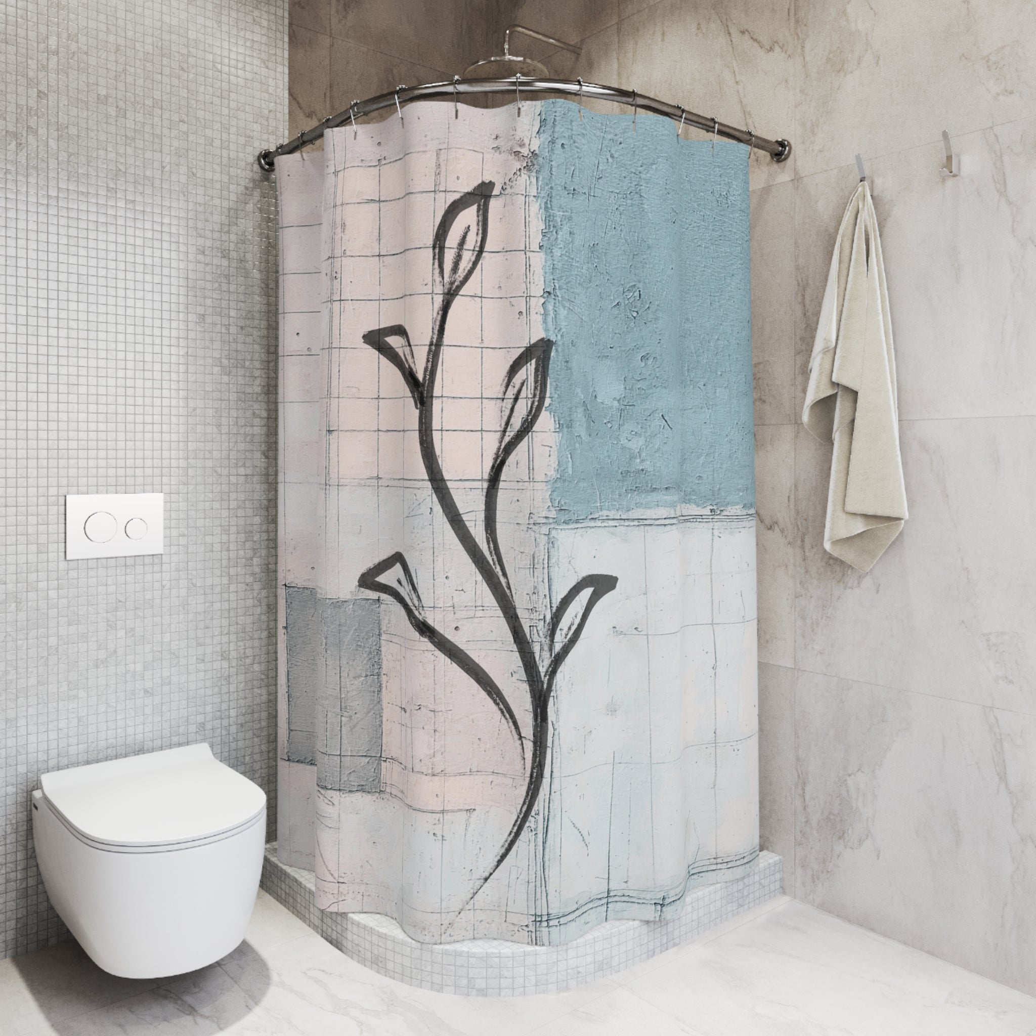 Boho Shower Curtain | Abstract Art Pale Blue, Blush Pink Grey Minimalist
