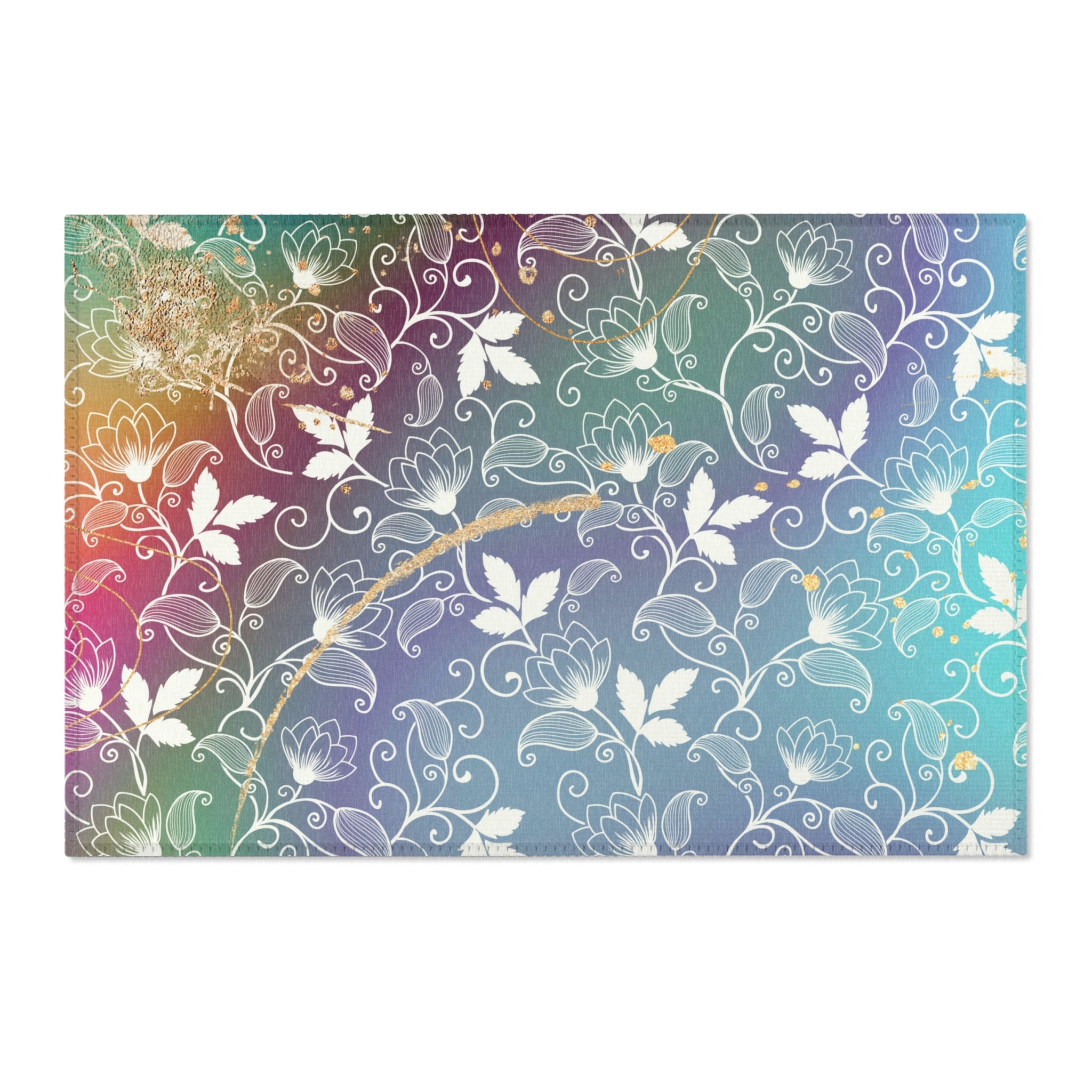 Rainbow Boho Area Rug | Colorful, White Floral Rug