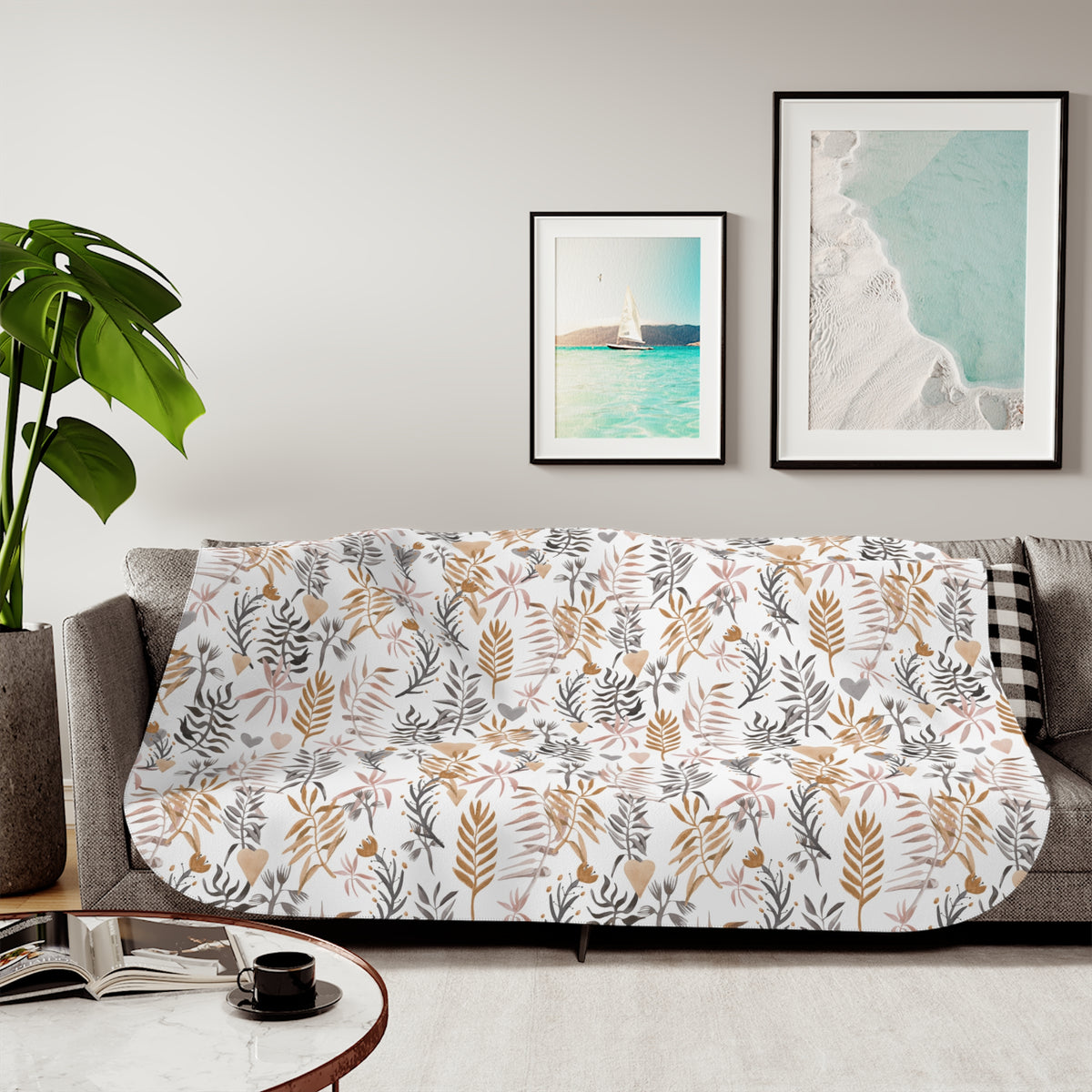 Boho Botanical Leaf Sherpa Blanket | Blush Caramel Gray Throw