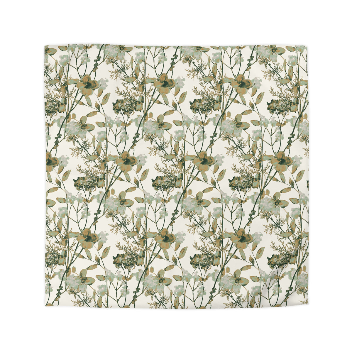 a repeating pattern of green and white floral designs on a white background.