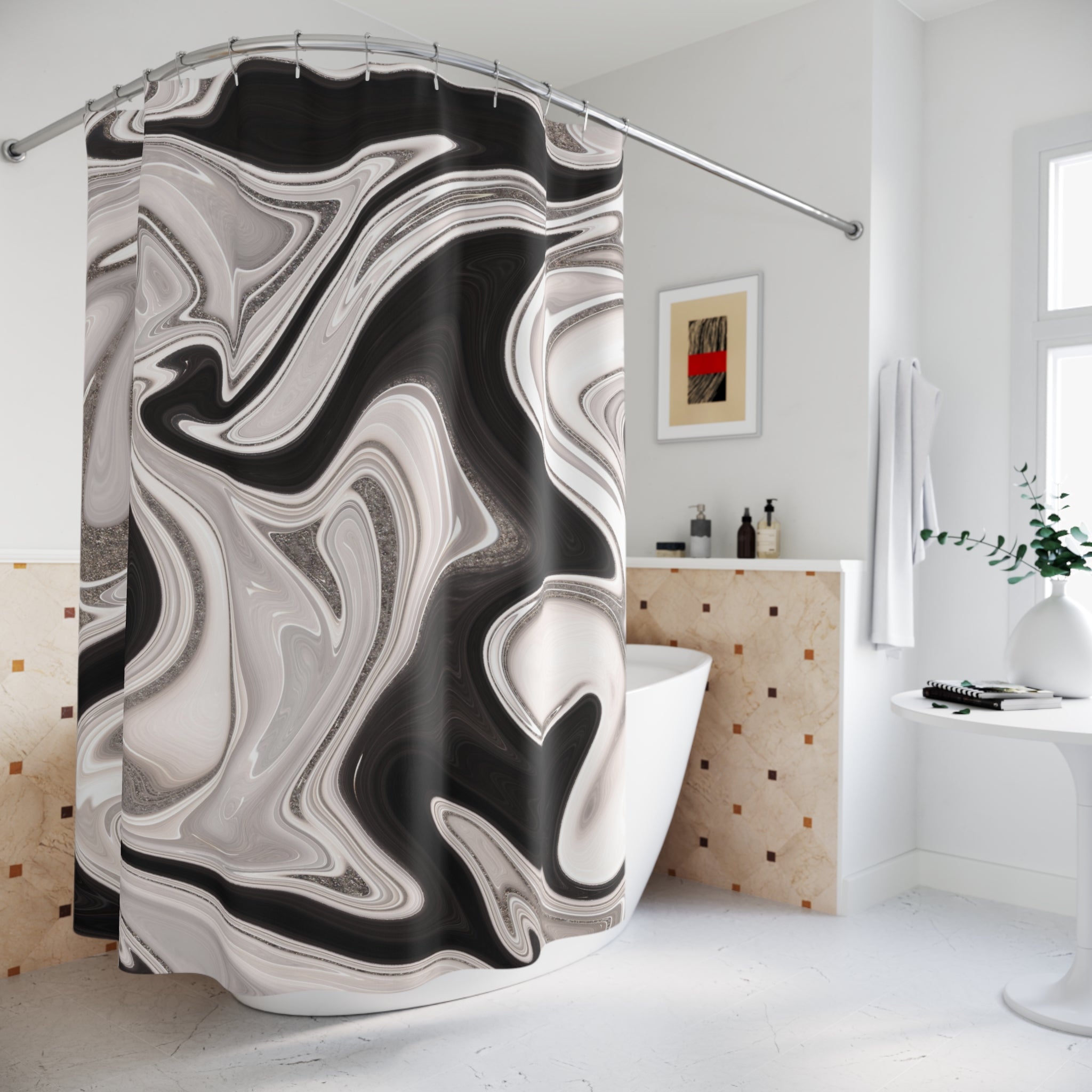 Black White Shower Curtain | Grey Marble Curtain