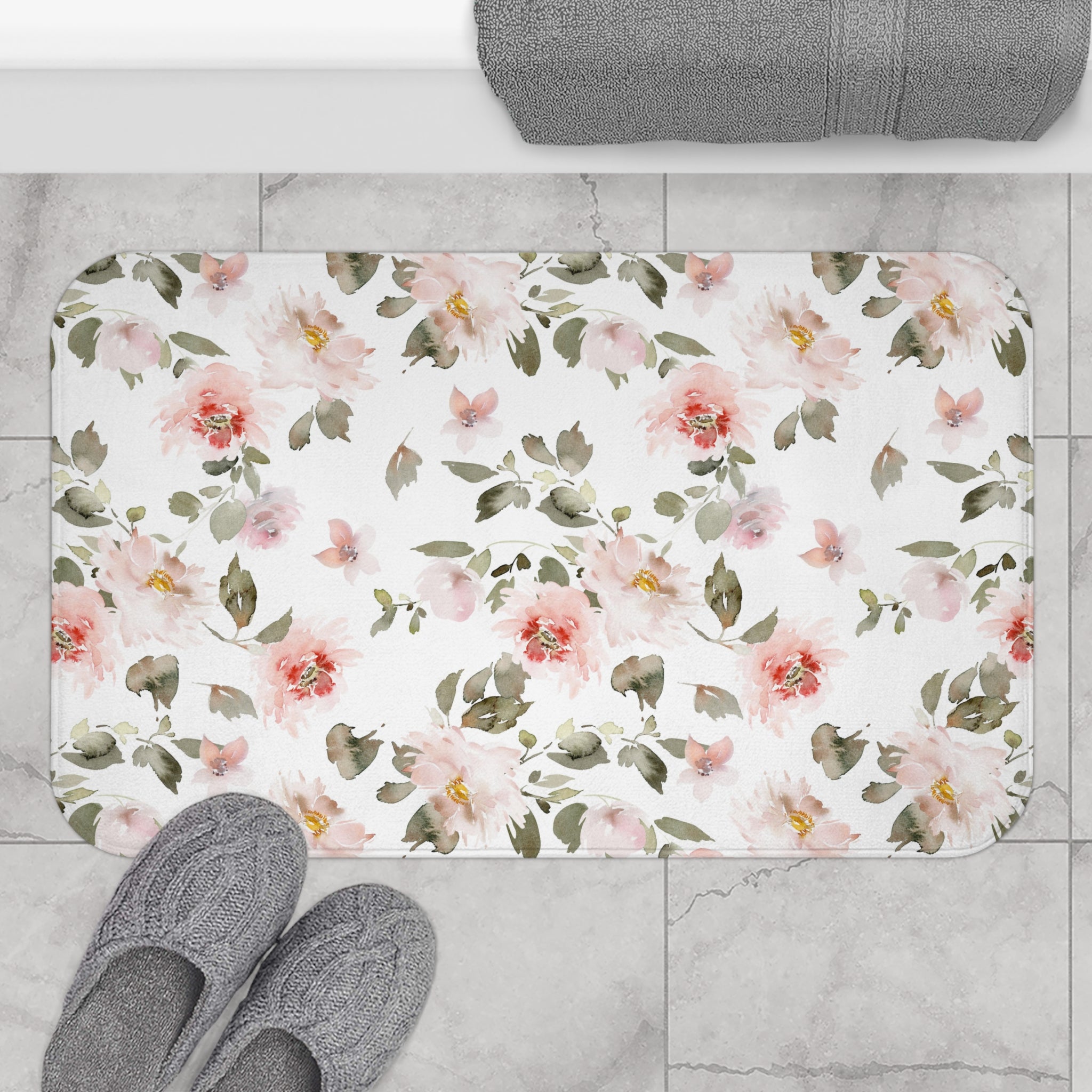 Floral Bath Mat | Botanical Blush Pink Roses Kitchen Mat