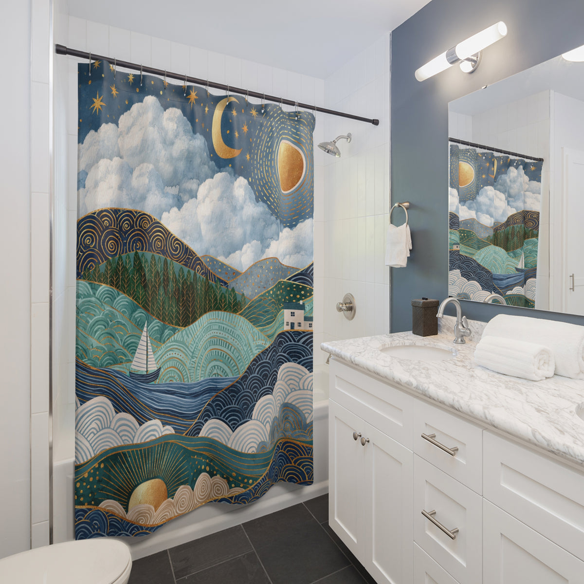 a bathroom with a large, colorful shower curtain featuring a night sky and landscape scene. The bathroom has a white vanity and a mirror above it, and the overall color scheme is predominantly blue, green, and white.