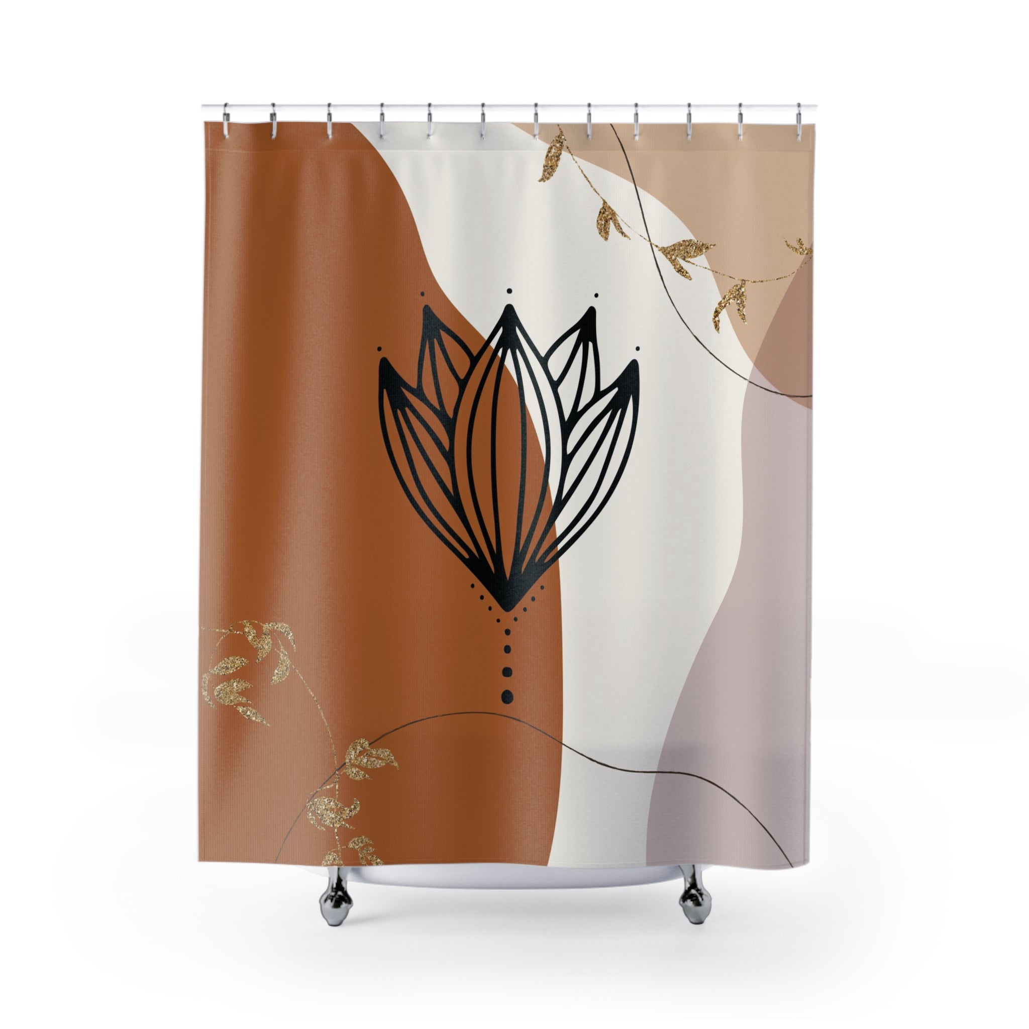 a bohemian rust shower curtain with a flower design on it