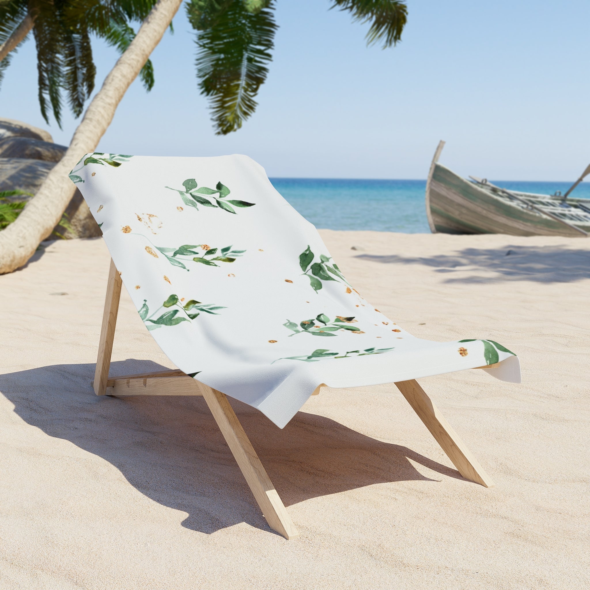 Floral Bath Beach Towel | White Sage Green Leaves