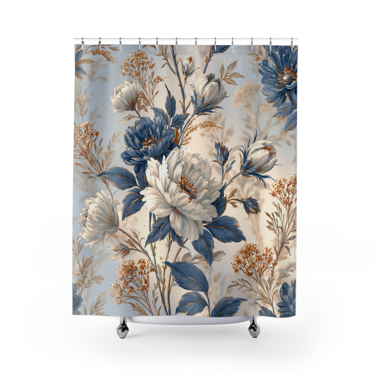 Blue Ivory Toile Floral Shower Curtain, Bath Curtain 71x74