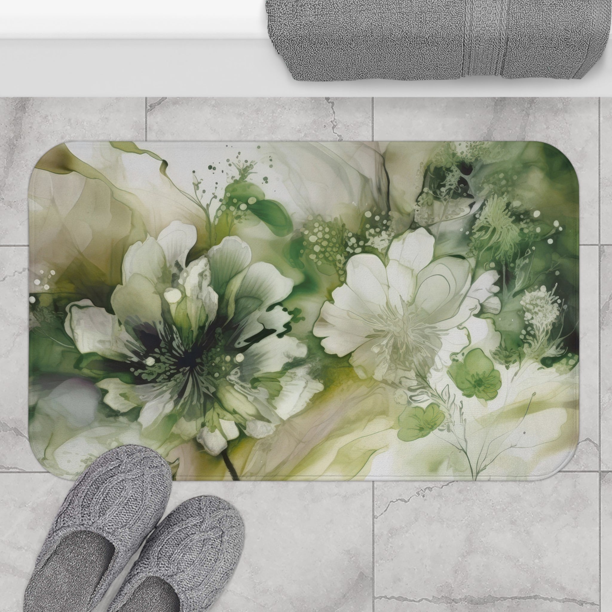 Boho Floral Bath Mat | Sage Green, Alcohol Ink Kitchen Mat