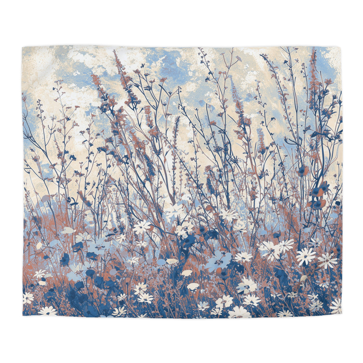 a field of tall grass with delicate white and blue flowers, creating a serene and natural scene.