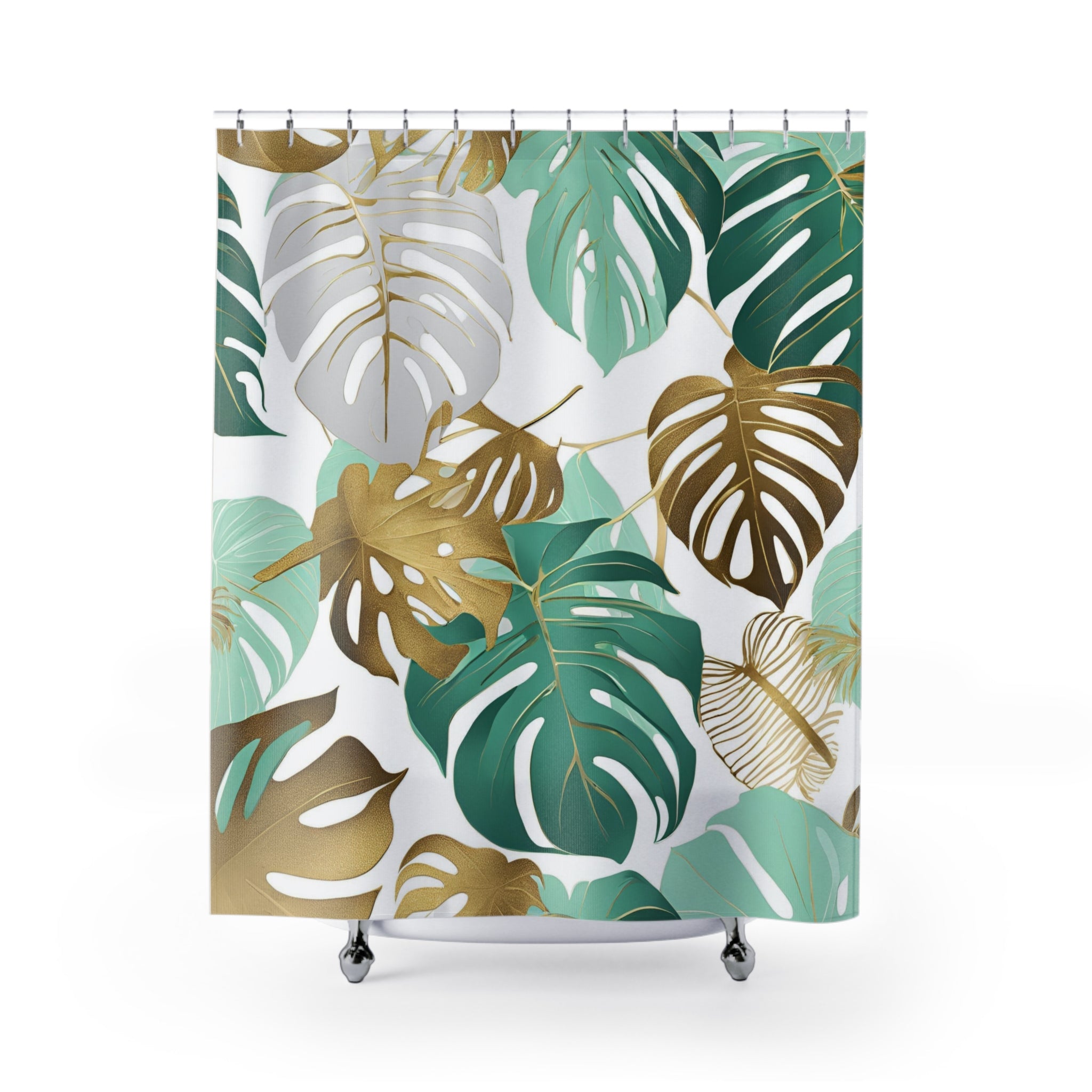 Boho Shower Curtain | Jungle Monstera Leaves, Mint Aqua Green