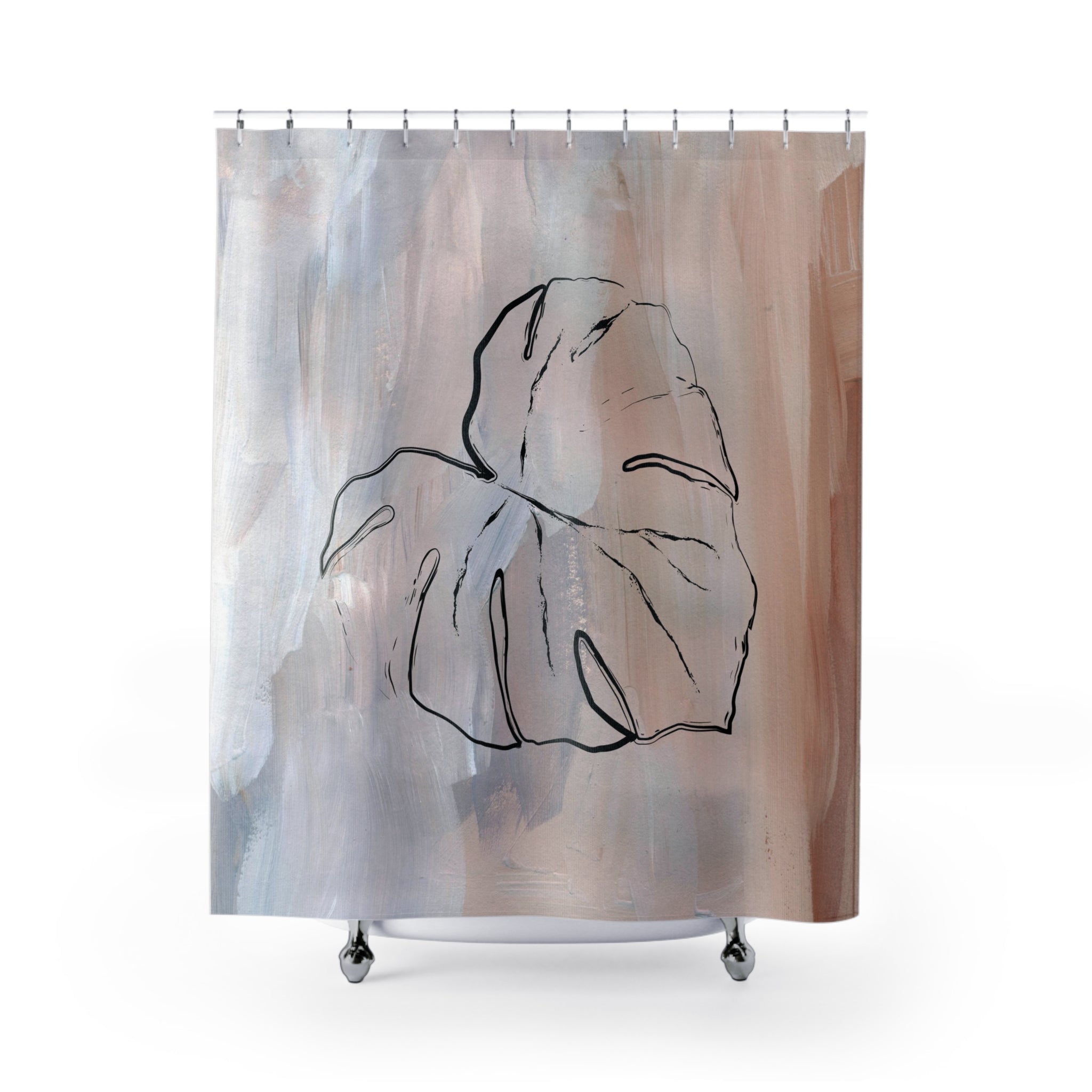 a shower curtain with a leaf drawn on it